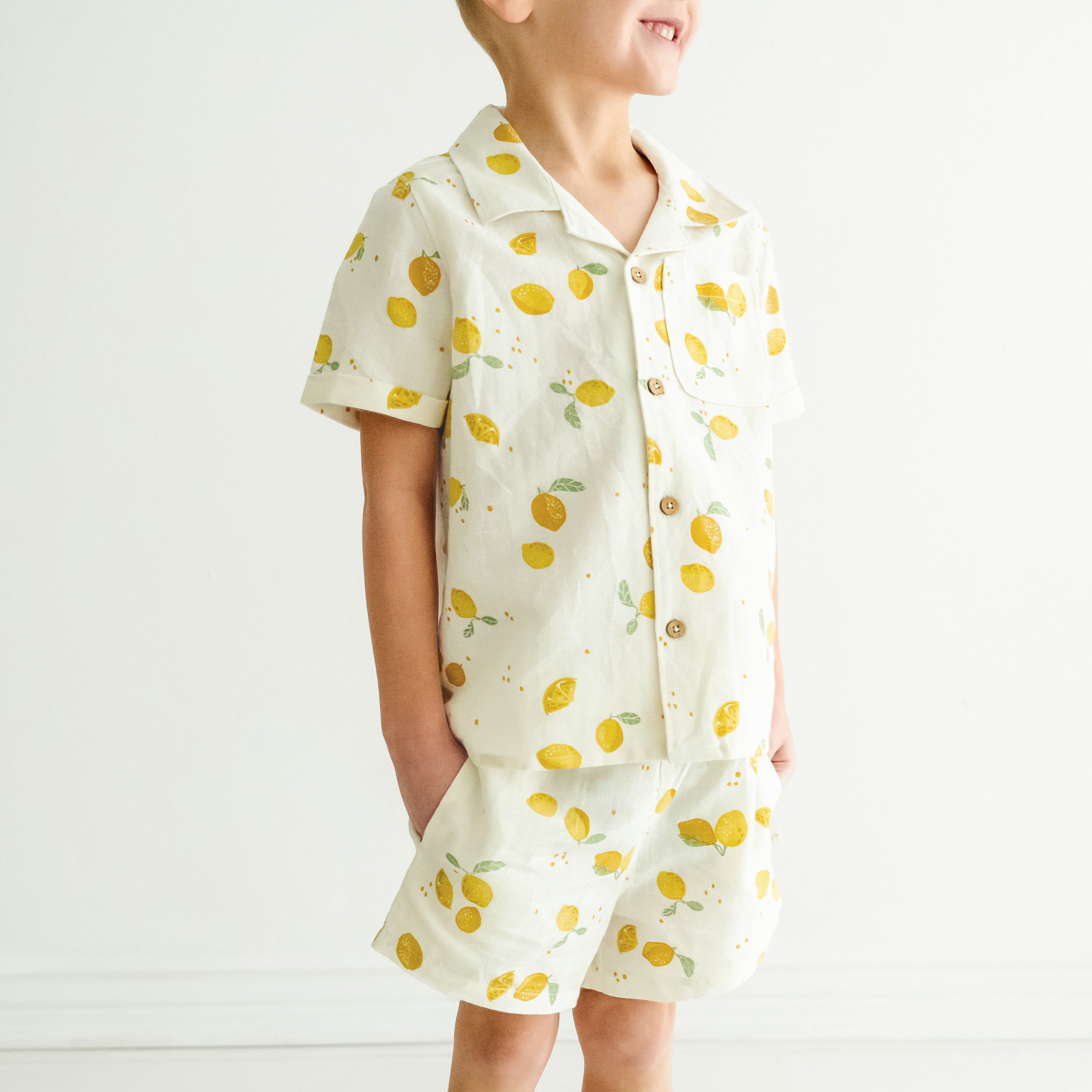 Organic Boys Shirt and Shorts Outfit Linen - Citron Makemake Organics   