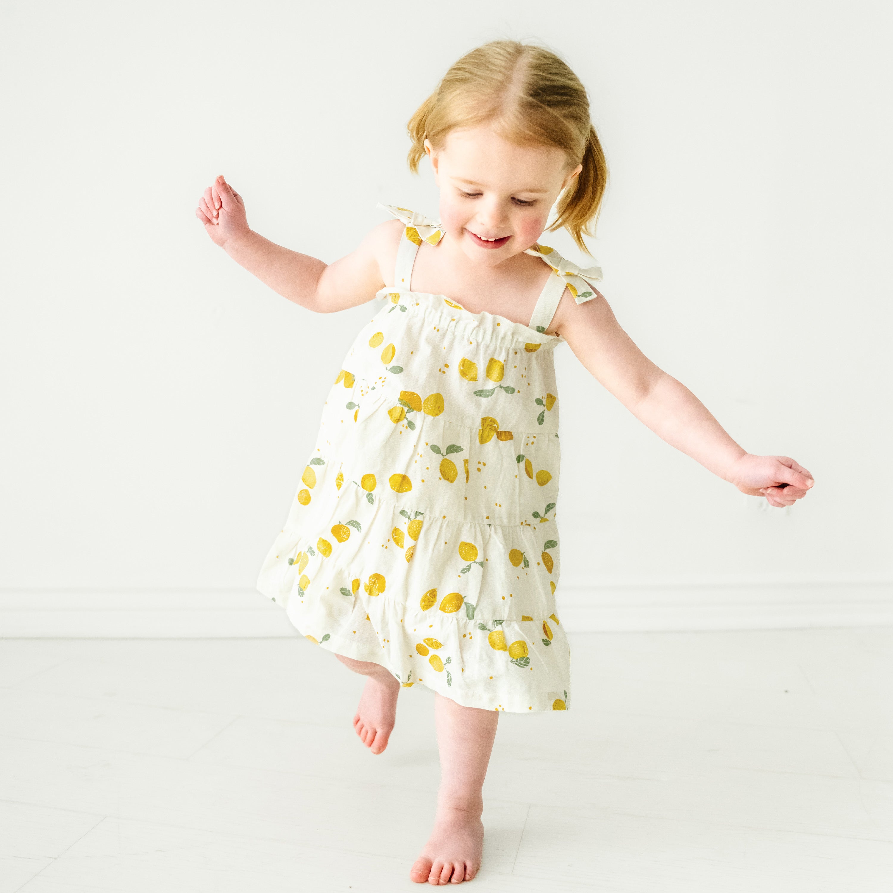 Organic Girls Tiered Strap Dress Linen - Citron Makemake Organics   