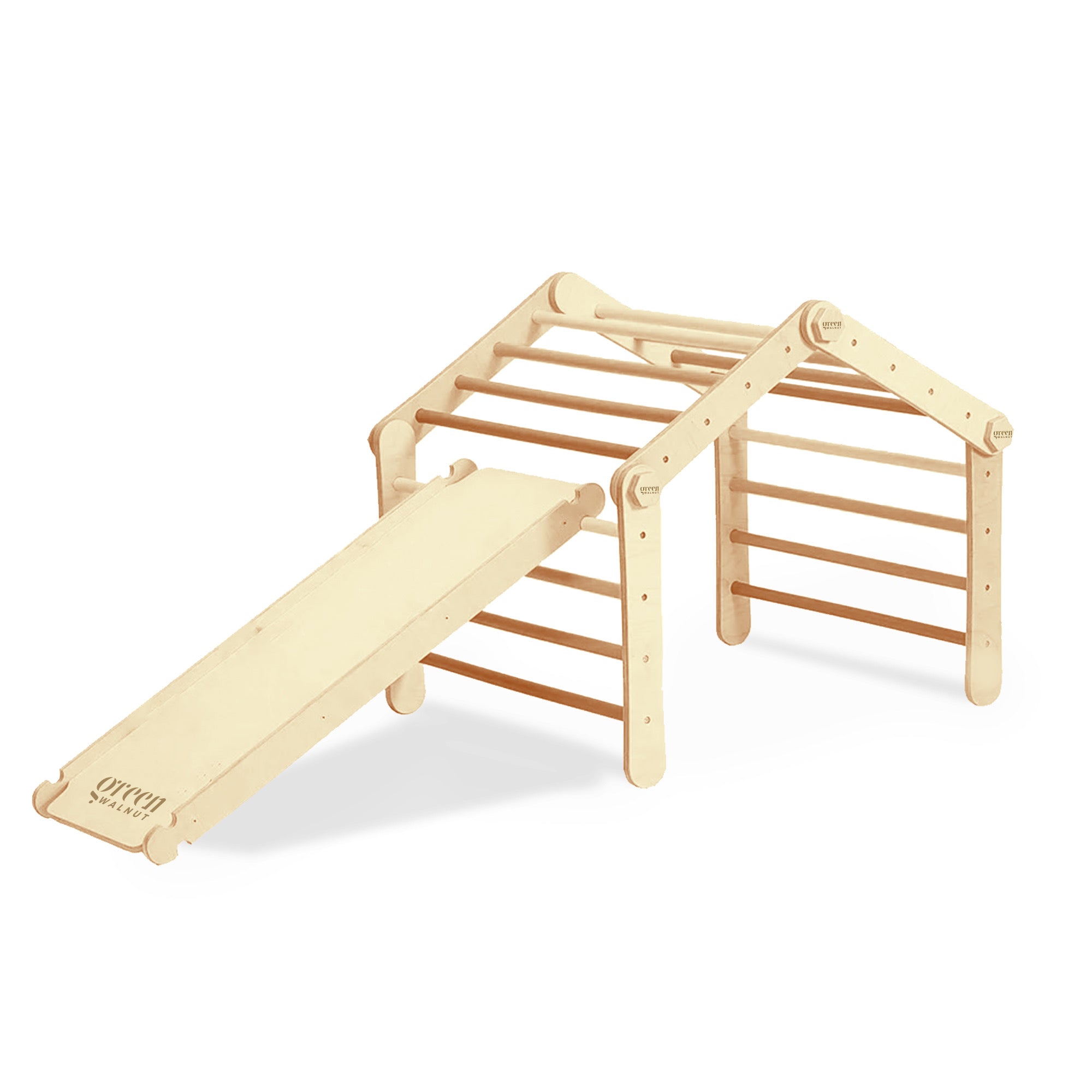 Large Convertible Wooden Pikler Triangle Gym With Slide & Ramp | Multifold Climbing Gym Green Walnut   