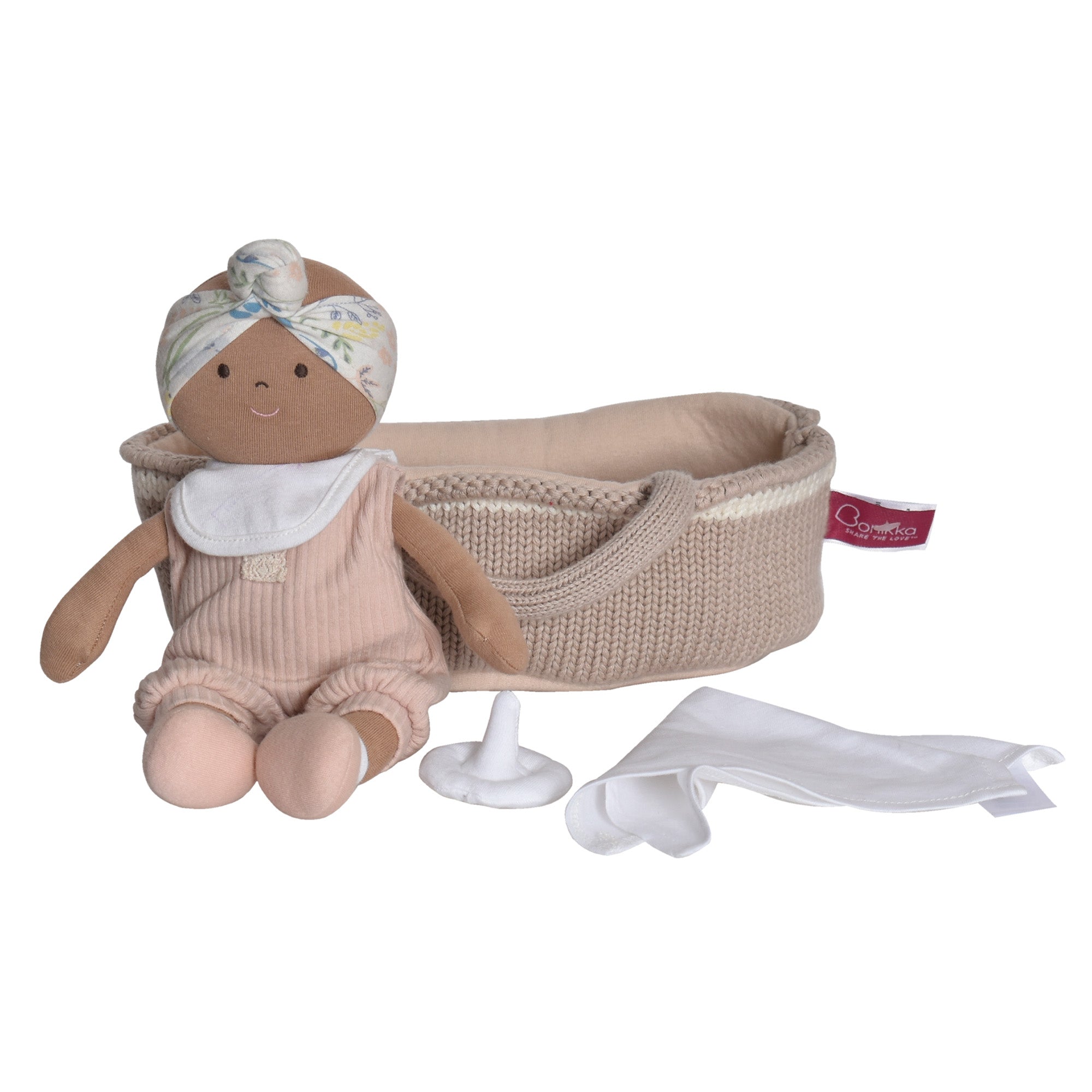 Knitted Carry Cot With Rheya Baby Dark Skin, Soother & Blanket Tikiri Toys   