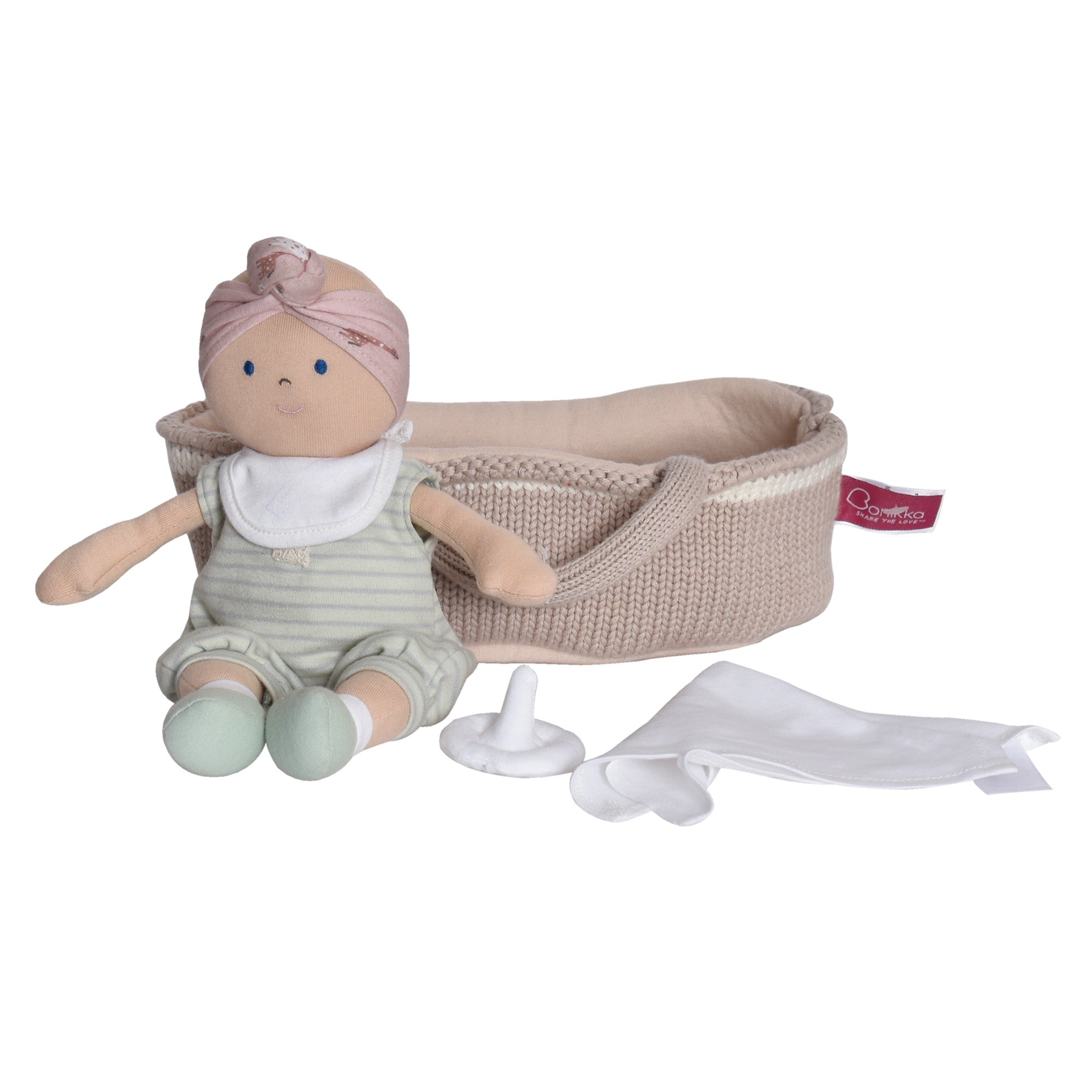 Knitted Carry Cot With Remi Baby Light Skin, Soother & Blanket Tikiri Toys   