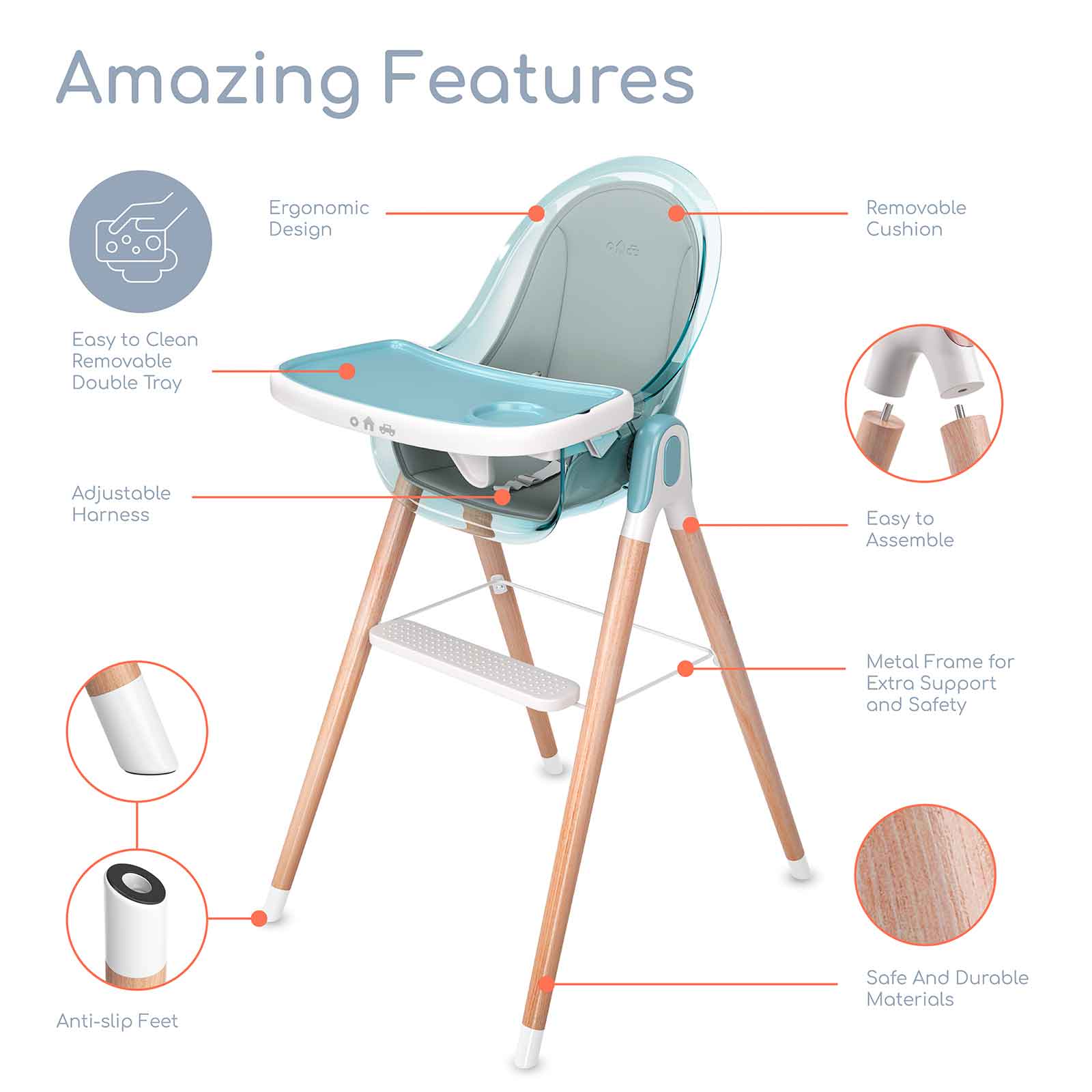 Children of Design 6 in 1 Classic High Chair With Cushion Children of Design   