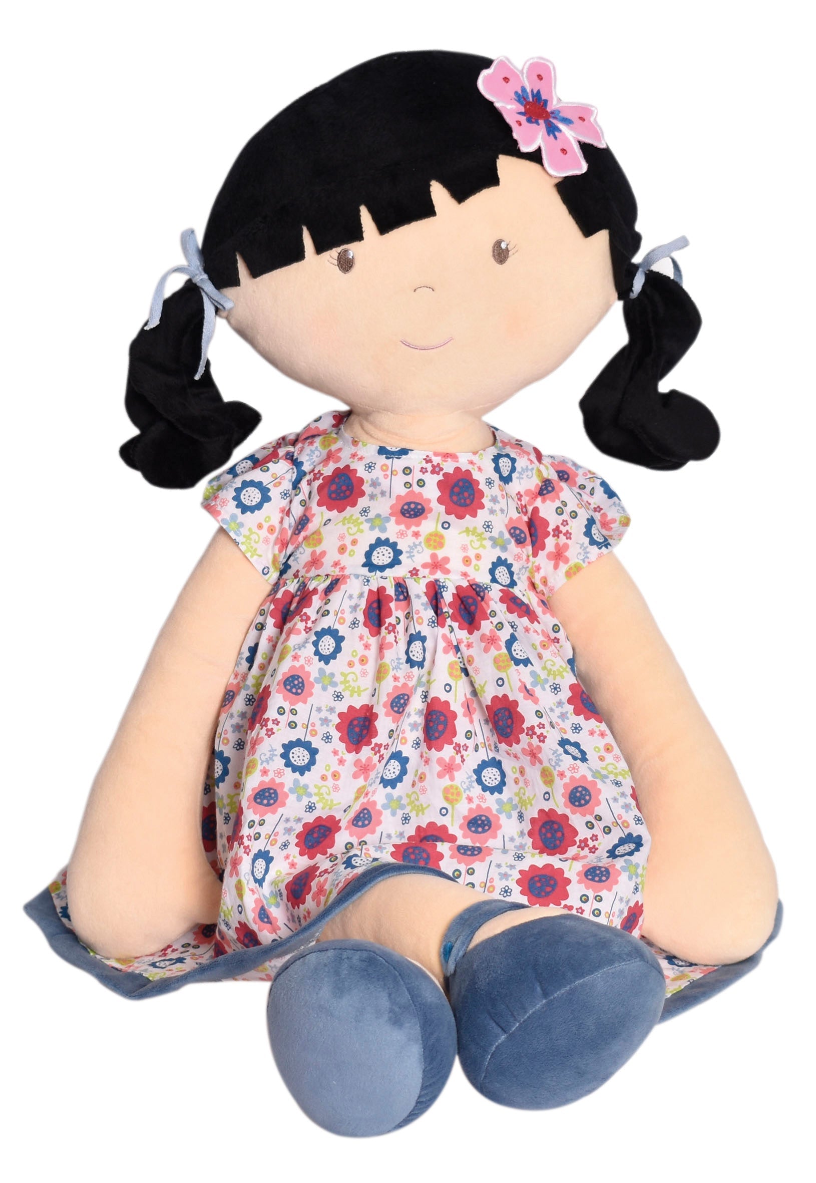 Lilac X-Large Black Hair in Blue Floral Dress Tikiri Toys   