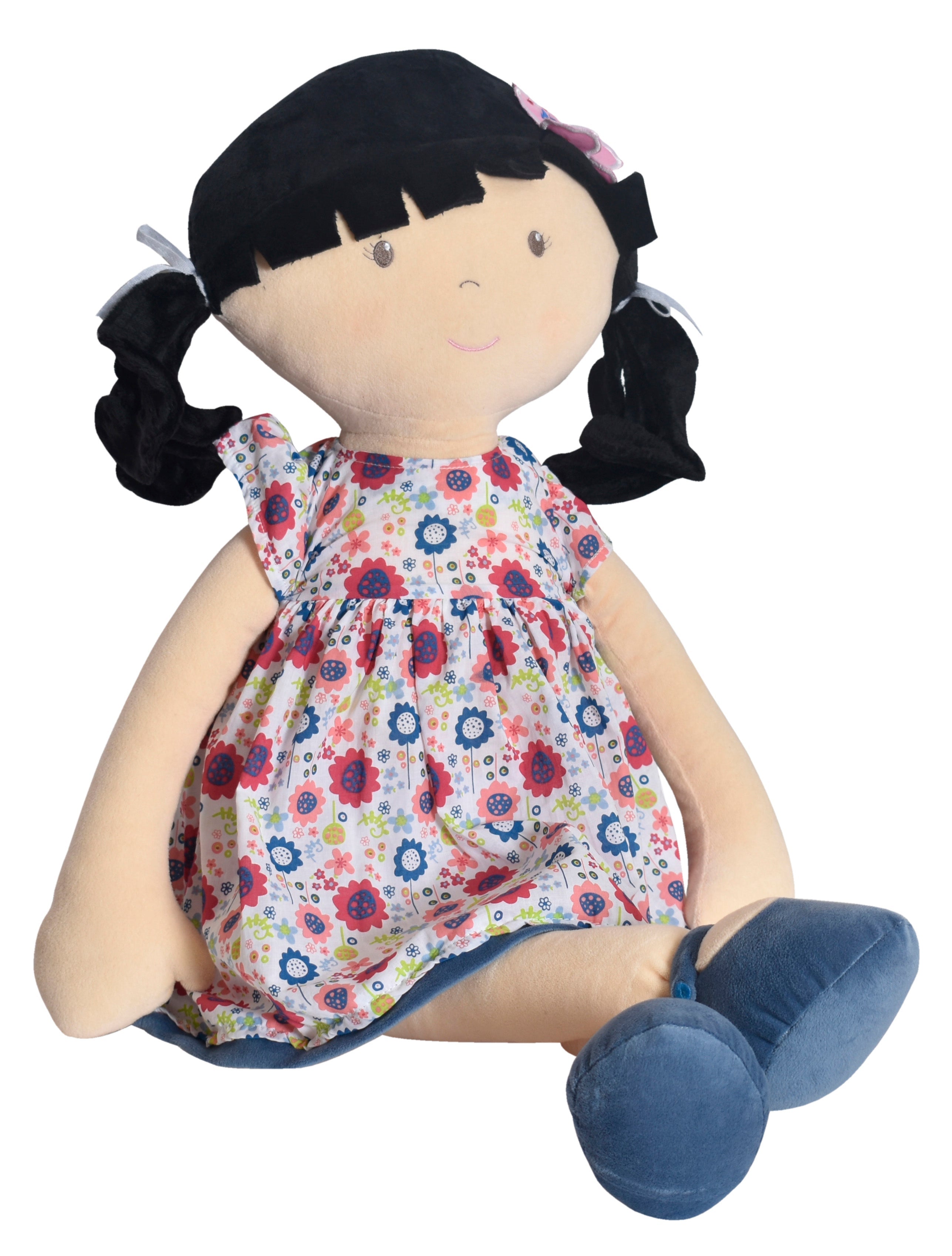 Lilac X-Large Black Hair in Blue Floral Dress Tikiri Toys   