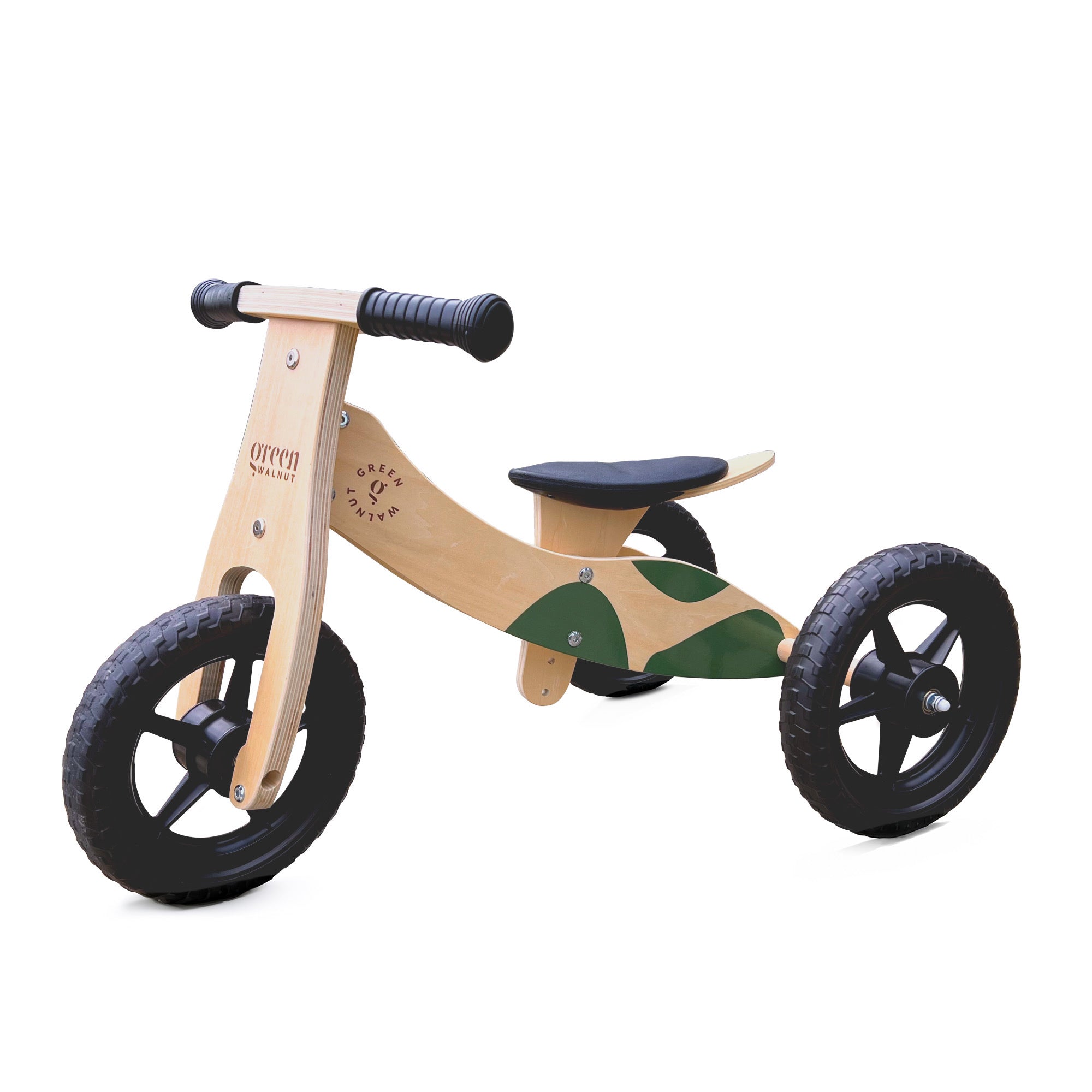 Convertible Wooden Balance Bike - Trike (2 in 1) Green Walnut   