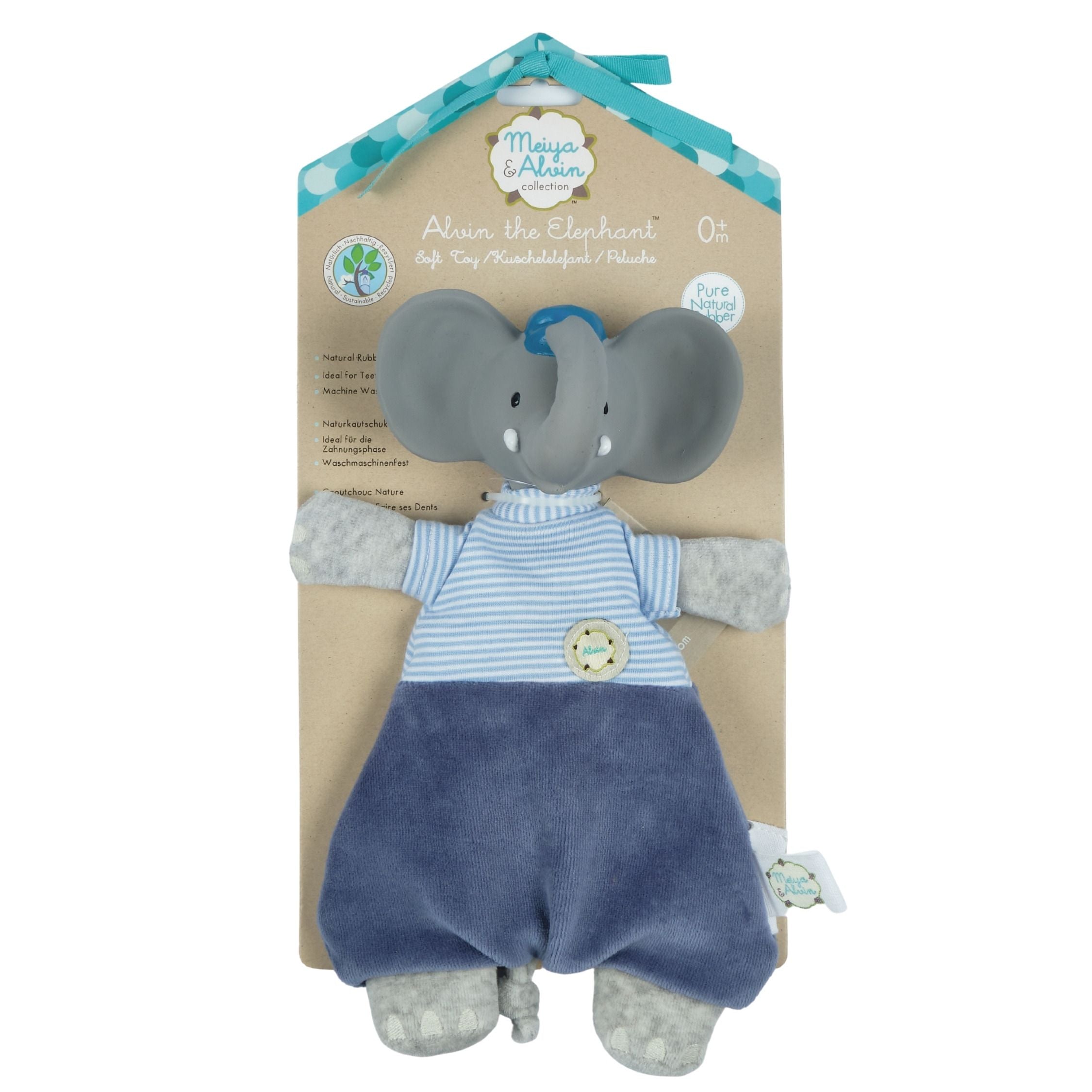 Alvin the Elephant Velour Lovey With Organic Natural Rubber Teether Head Tikiri Toys   