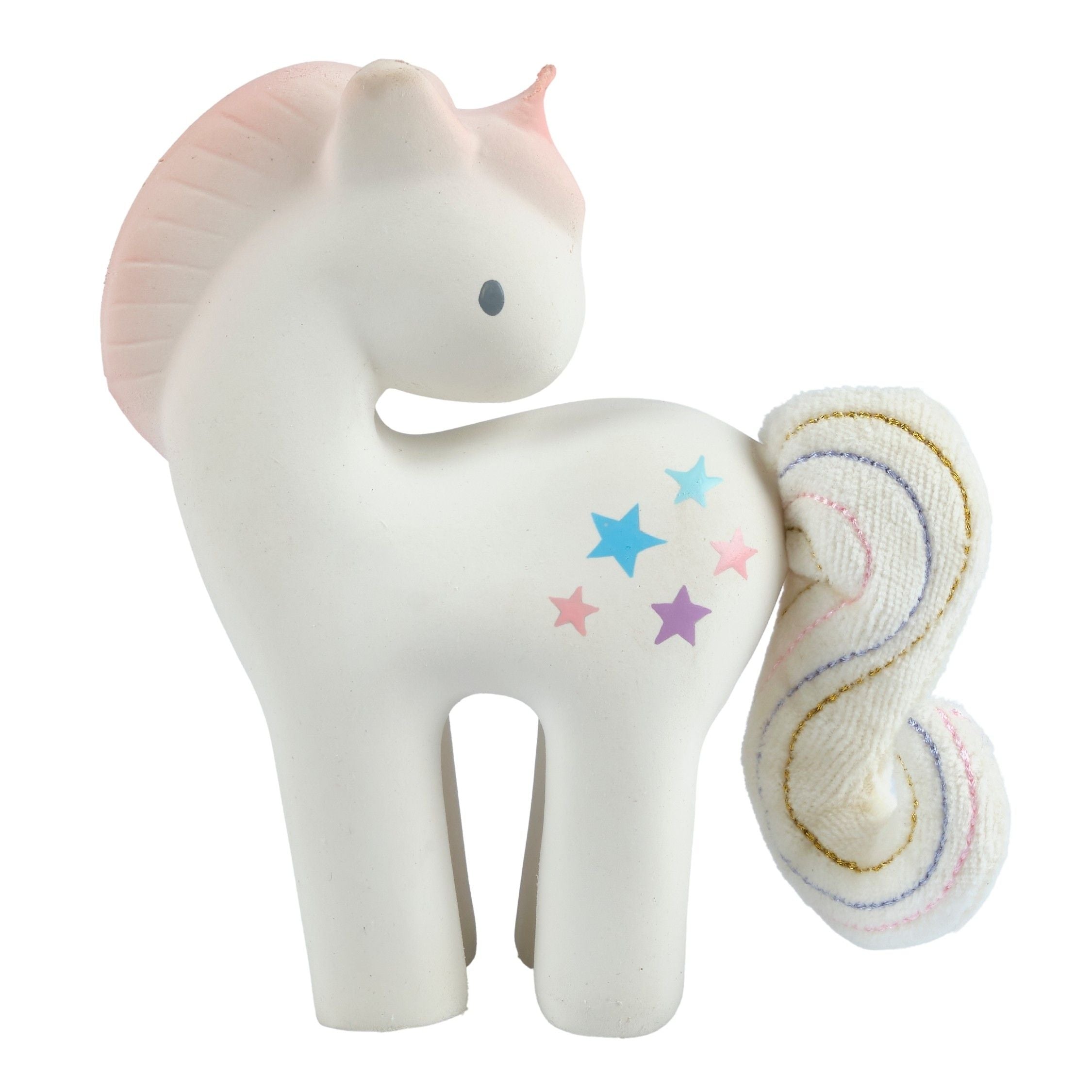 Cotton Candy Unicorn Organic Natural Rubber Rattle With Crinkle Tail Tikiri Toys   