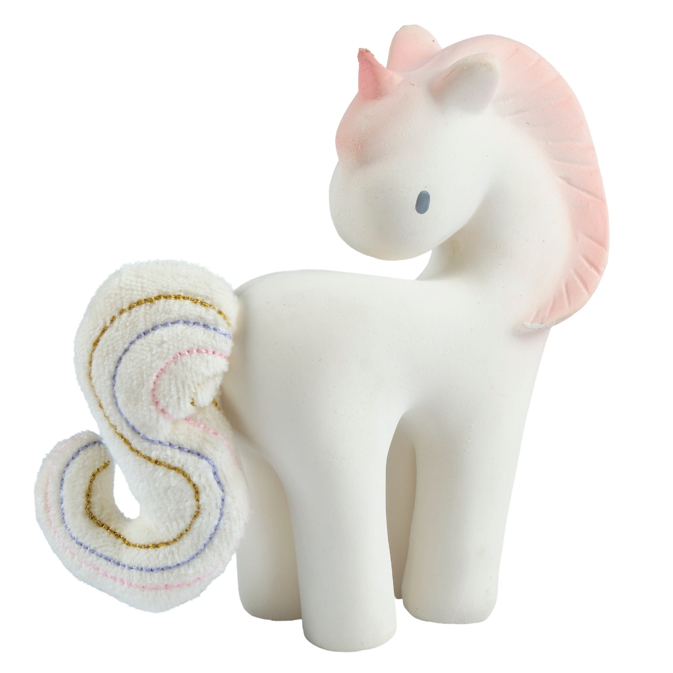 Cotton Candy Unicorn Organic Natural Rubber Rattle With Crinkle Tail Tikiri Toys   