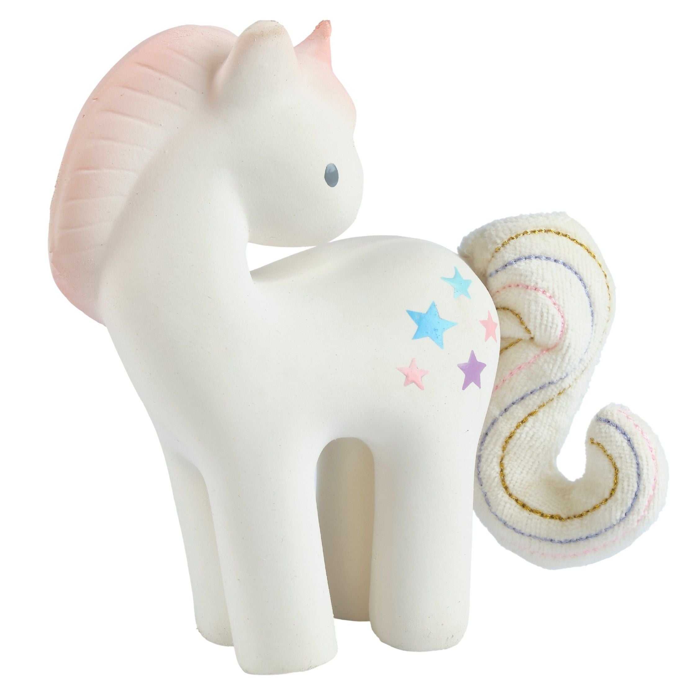 Cotton Candy Unicorn Organic Natural Rubber Rattle With Crinkle Tail Tikiri Toys   