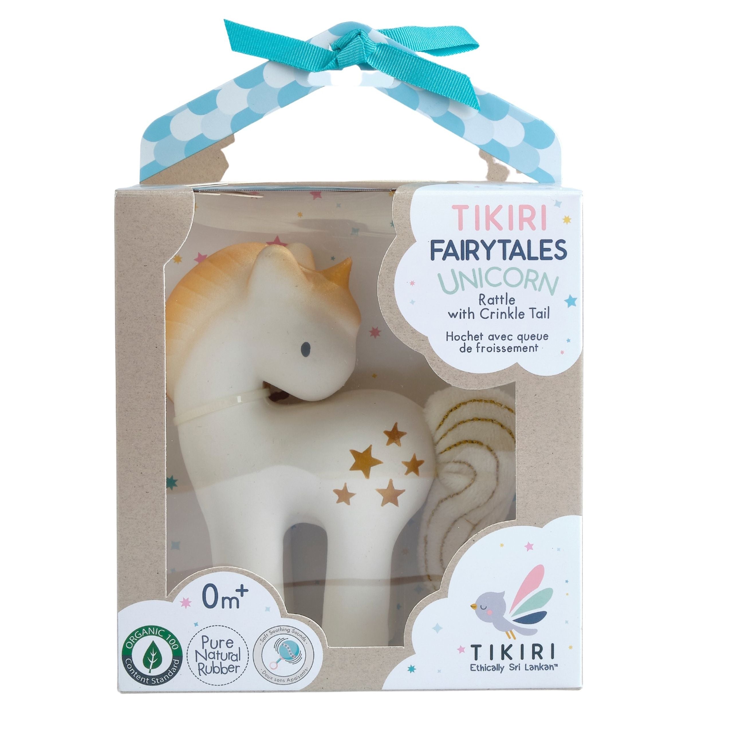 Shining Stars Unicorn Organic Natural Rubber Rattle With Crinkle Wings Tikiri Toys   