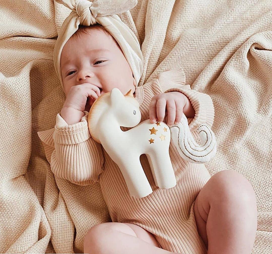 Shining Stars Unicorn Organic Natural Rubber Rattle With Crinkle Wings Tikiri Toys   