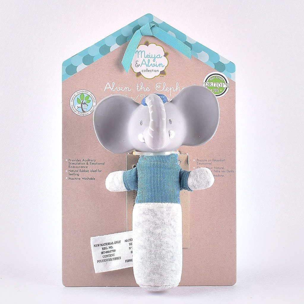 Alvin the Elephant - Soft Squeaker and Teether Toy With Organic Natural Rubber Head Tikiri Toys   