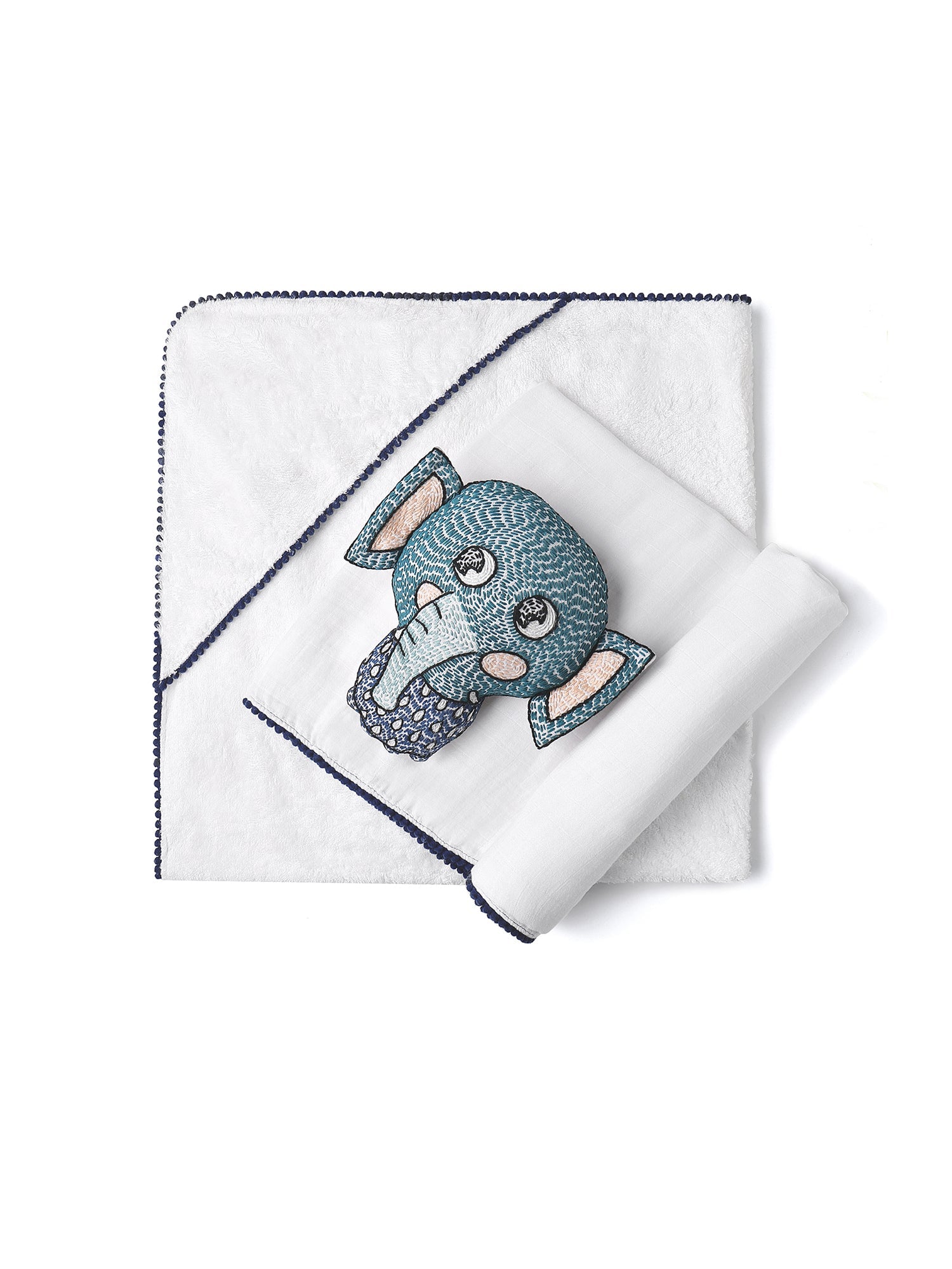 3 Pc Newborn Essential Set - Hooded Towel, Swaddle + Toy Rattle Malabar Baby Navy Collection  