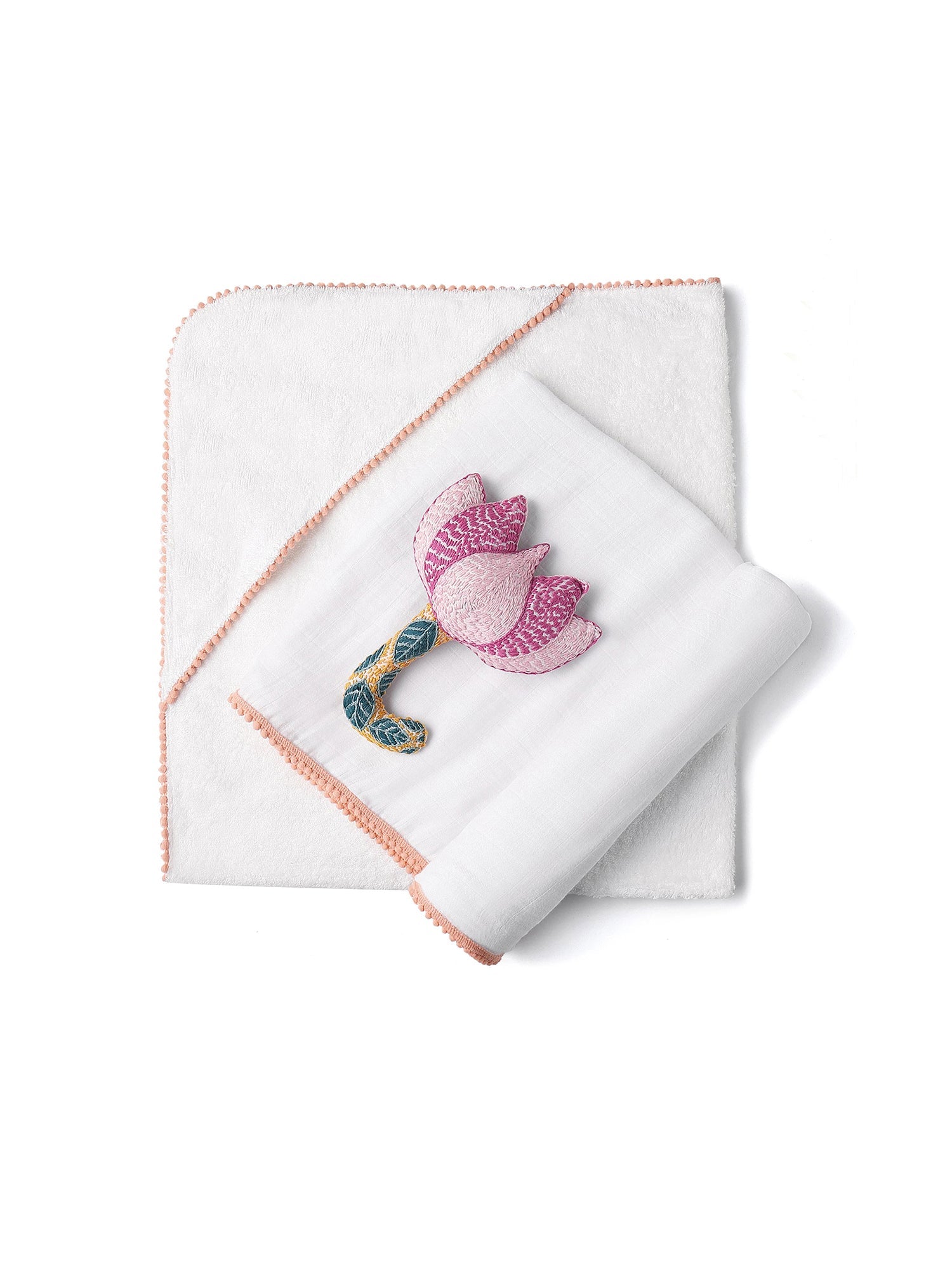 3 Pc Newborn Essential Set - Hooded Towel, Swaddle + Toy Rattle Malabar Baby Peach Collection  