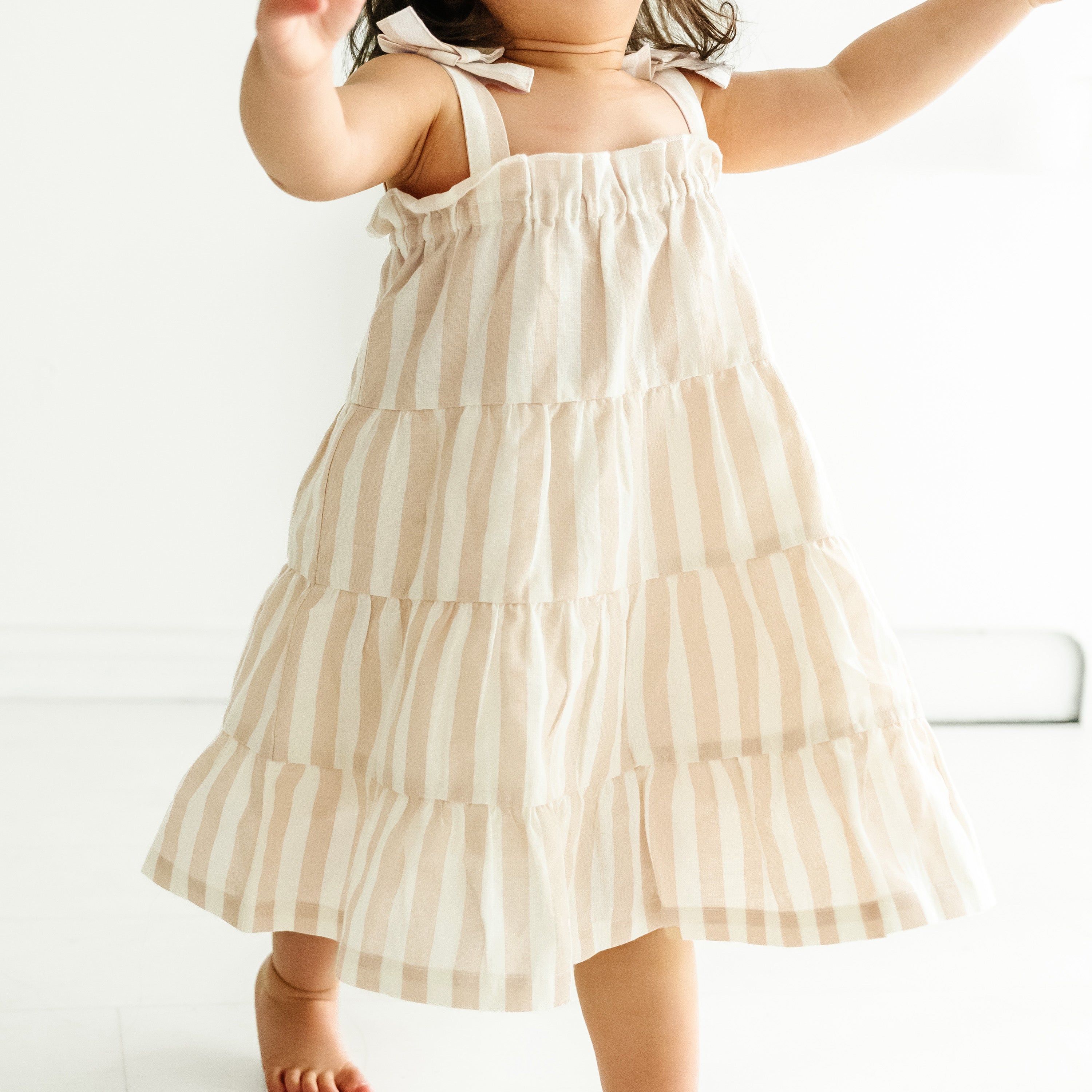 Organic Girls Tiered Strap Dress Linen - Beige Stripes Makemake Organics   