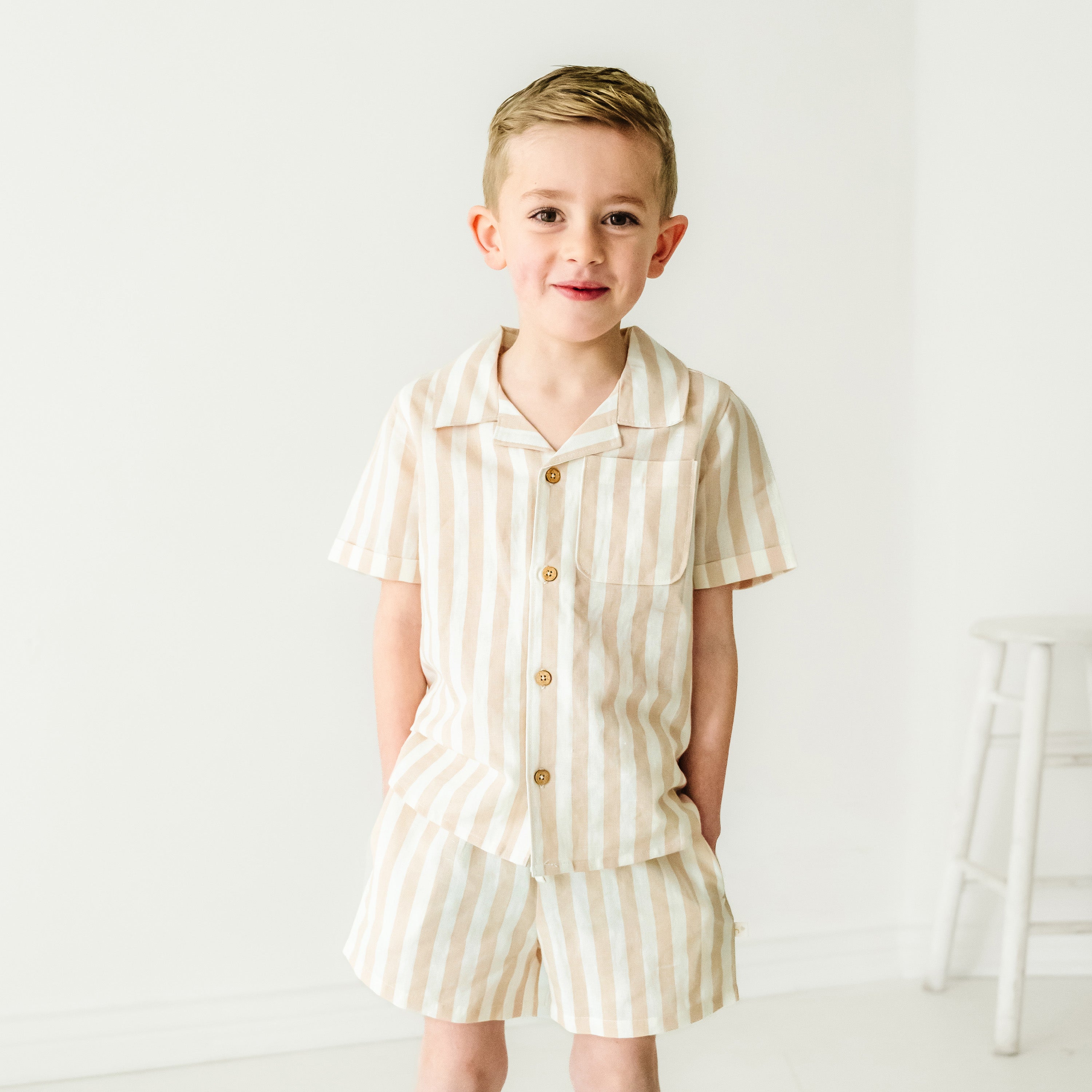 Organic Boys Shirt and Shorts Outfit Linen - Beige Stripes Makemake Organics   