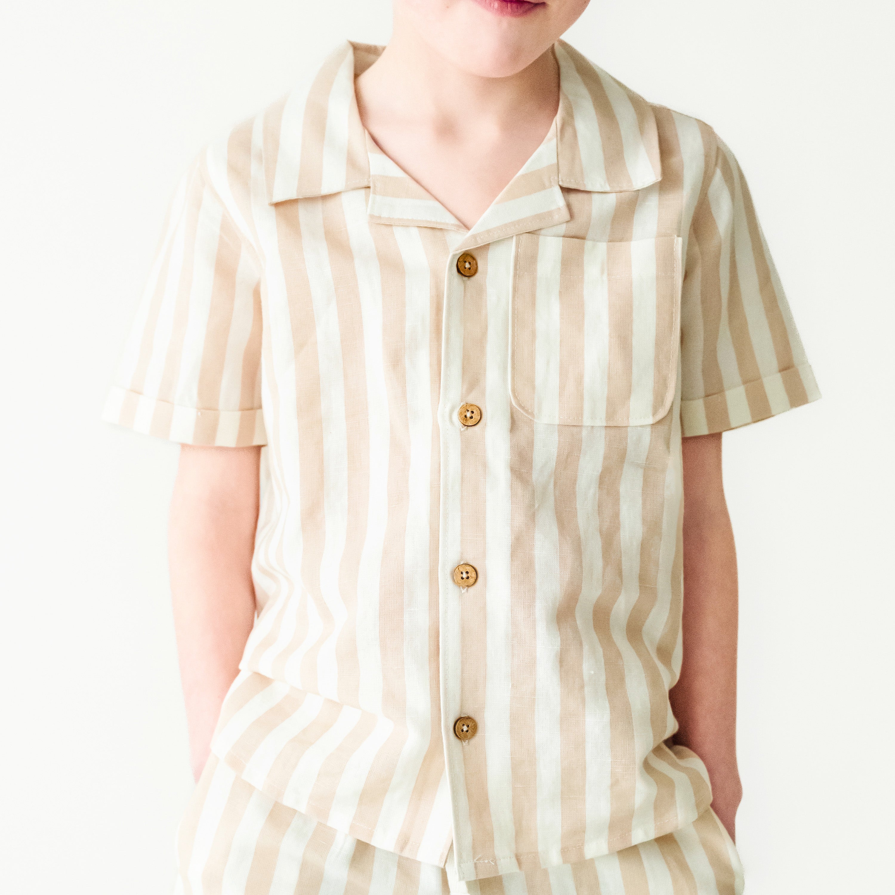 Organic Boys Shirt and Shorts Outfit Linen - Beige Stripes Makemake Organics   