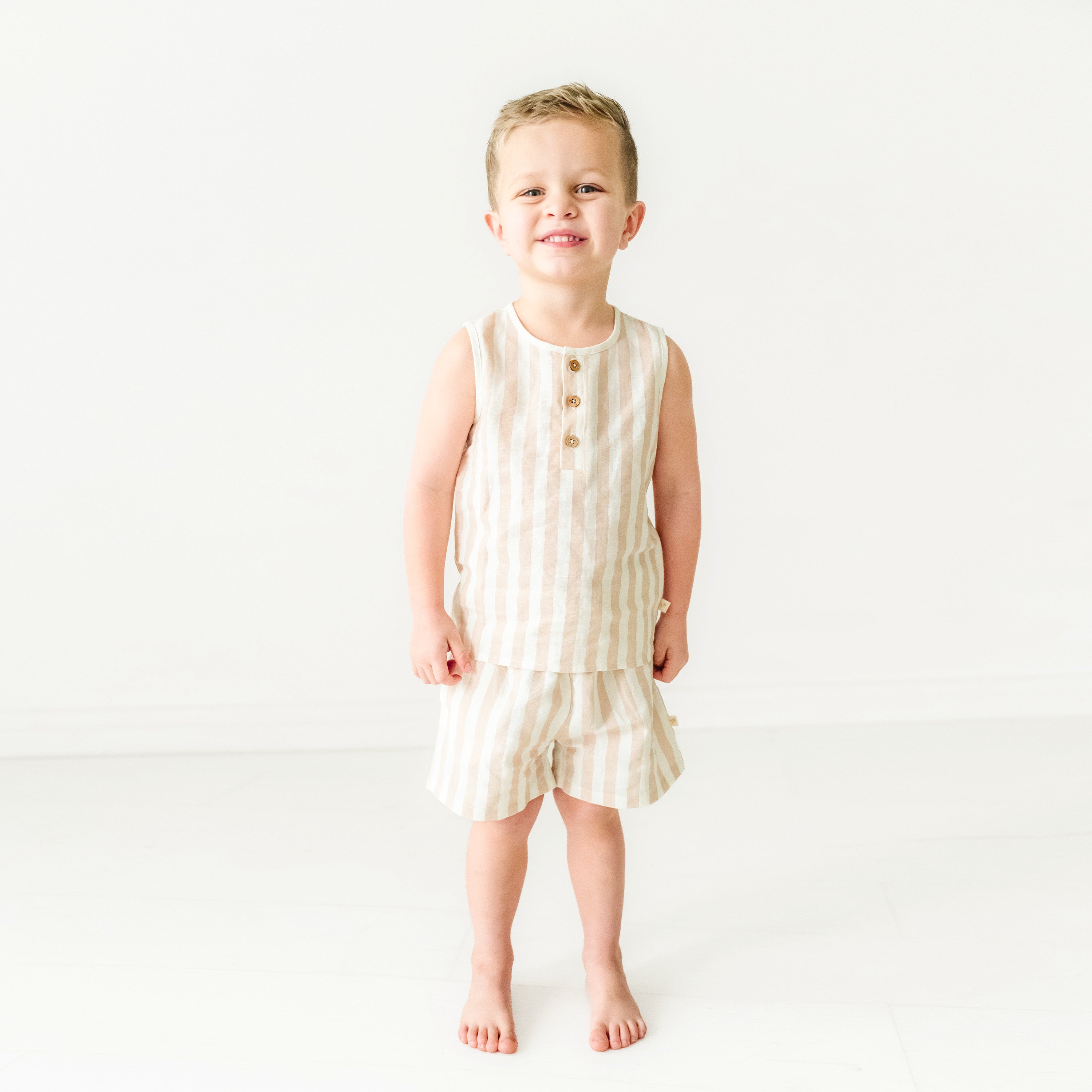 Organic Kids Tank and Shorts Outfit Linen - Beige Stripes Makemake Organics   