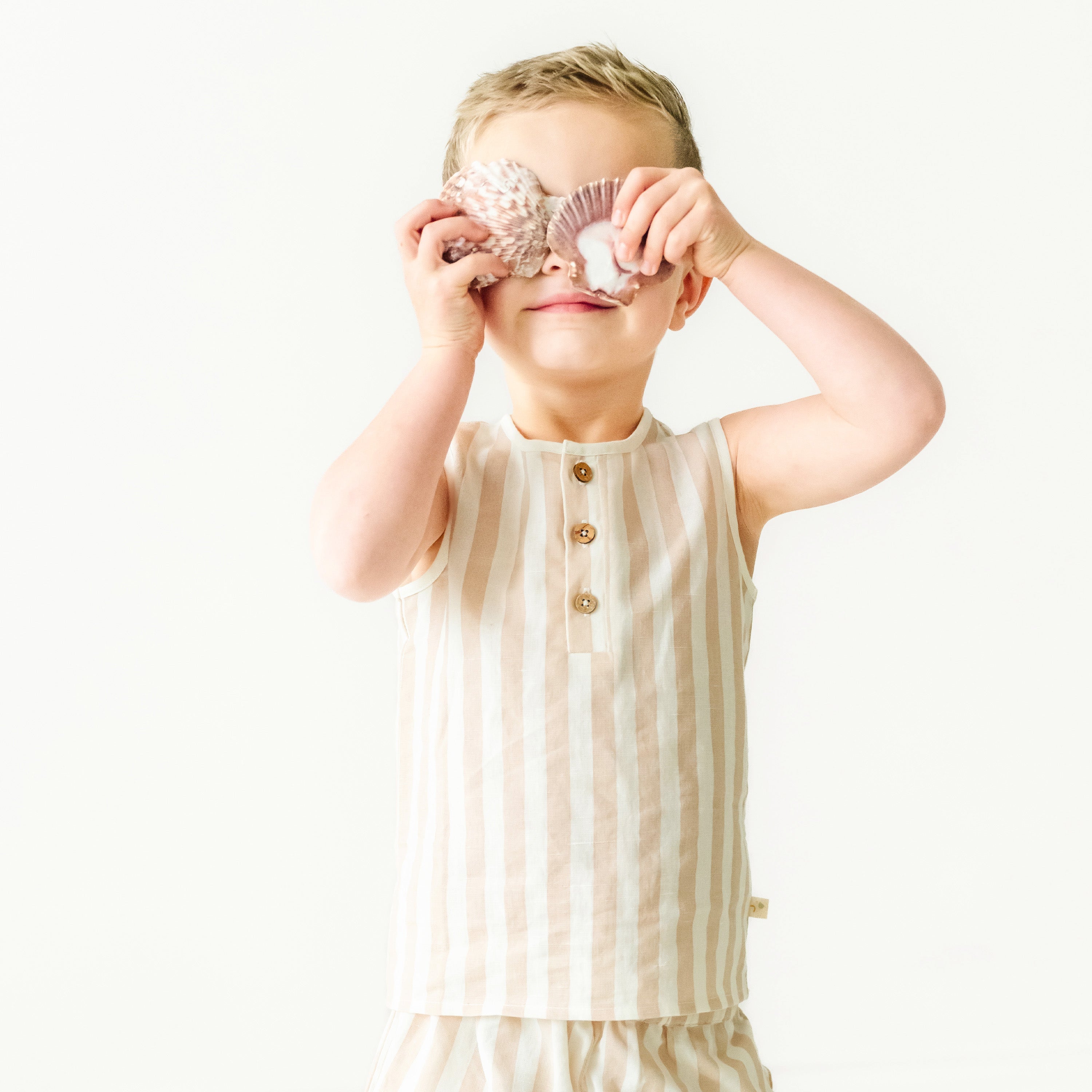 Organic Kids Tank and Shorts Outfit Linen - Beige Stripes Makemake Organics   