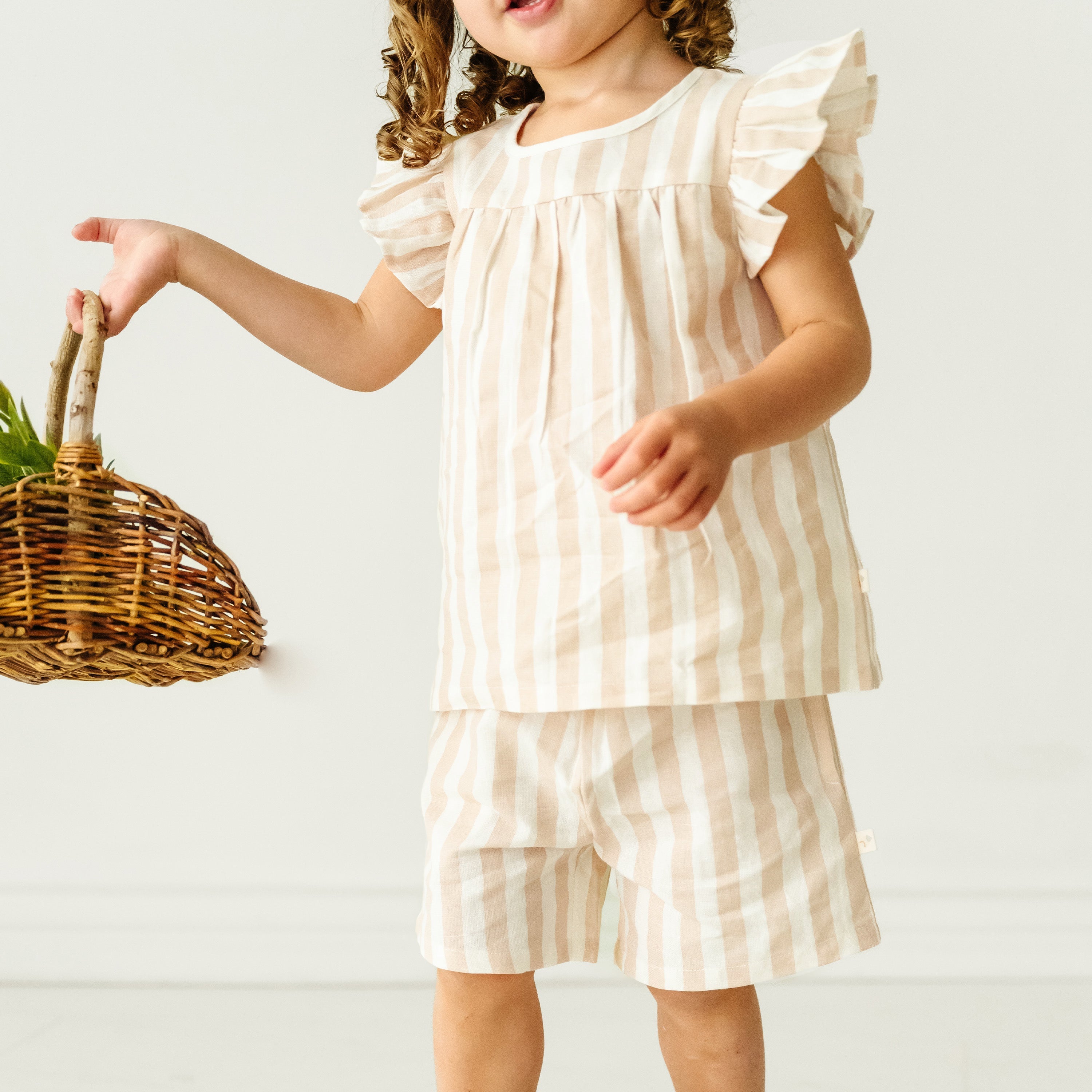 Organic Girls Flutter Top and Shorts Outfit - Beige Stripes Makemake Organics   