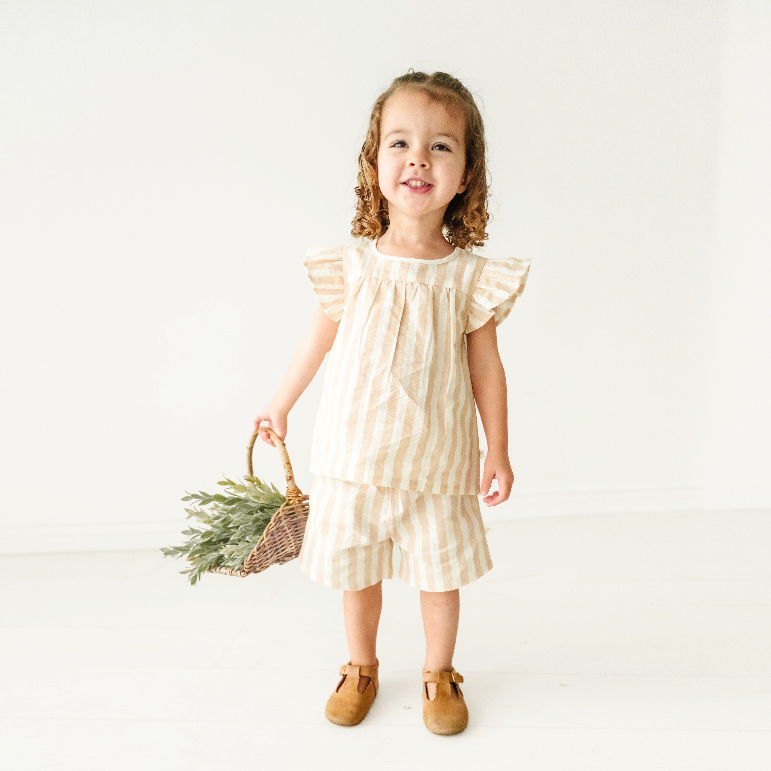 Organic Girls Flutter Top and Shorts Outfit - Beige Stripes Makemake Organics   