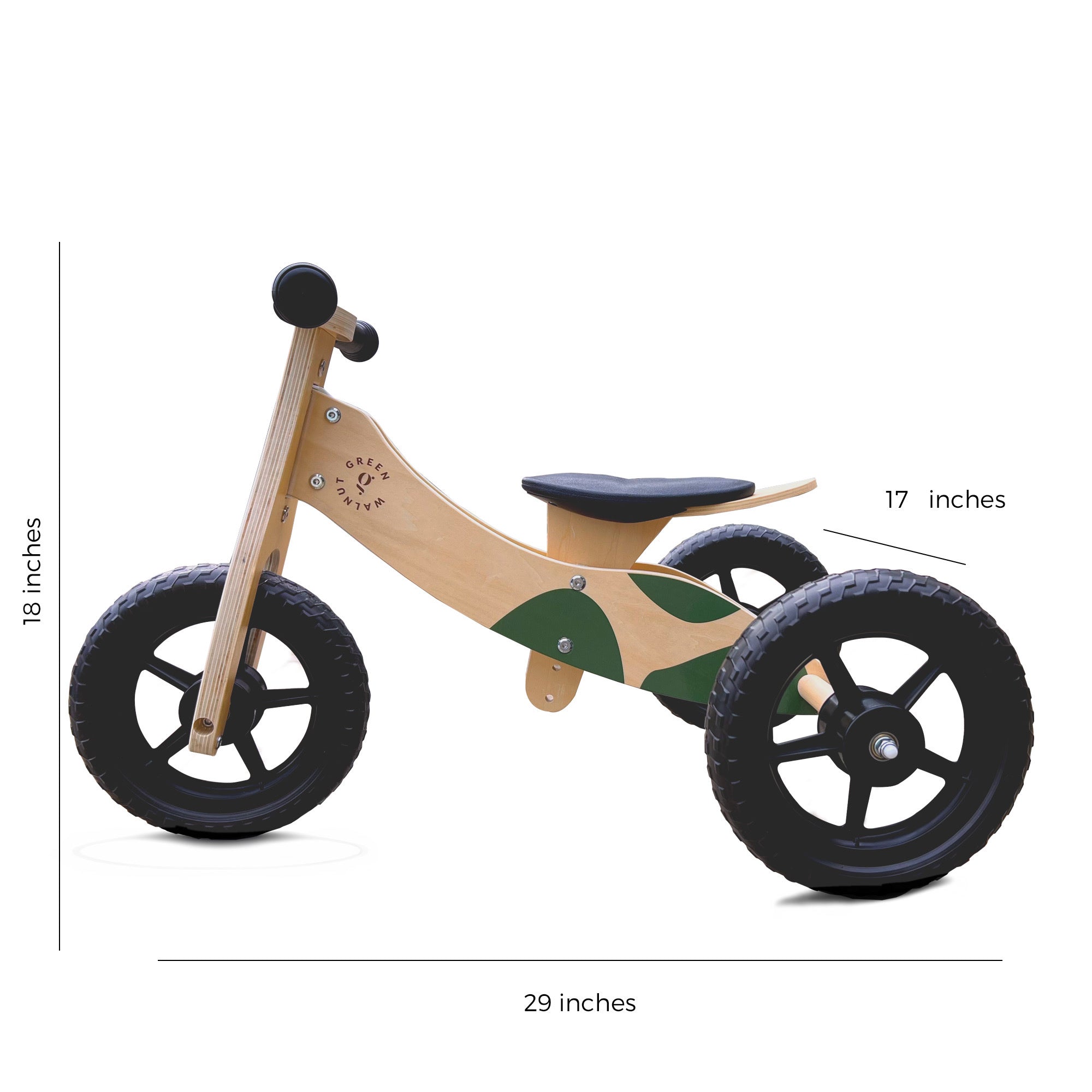 Convertible Wooden Balance Bike - Trike (2 in 1) Green Walnut   