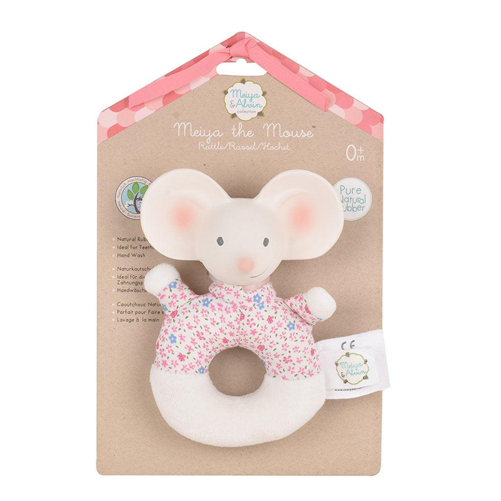 Meiya the Mouse Soft Rattle & Teether With Organic Natural Rubber Head Tikiri Toys   