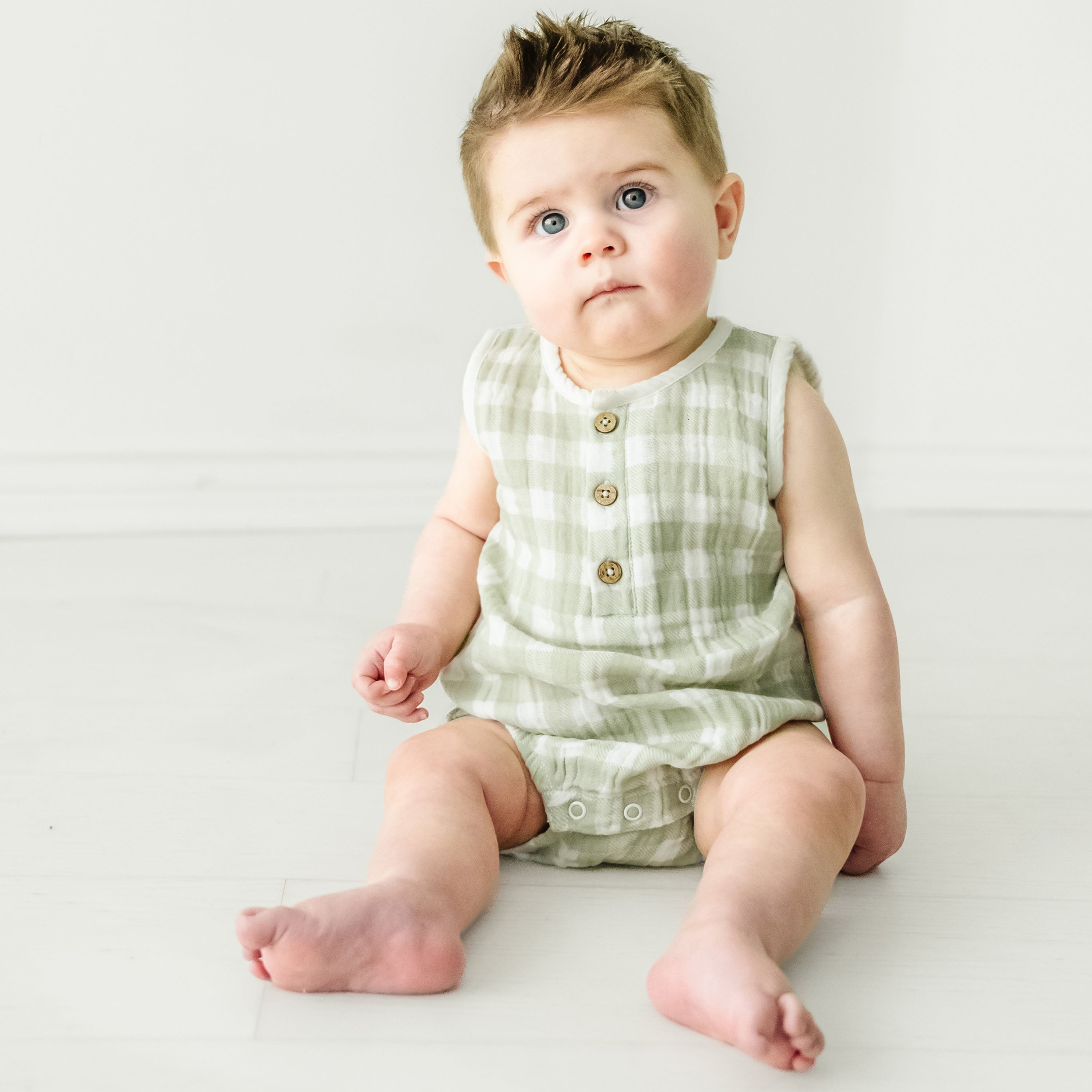 Organic Baby Bubble Onesie Muslin - Gingham Makemake Organics   