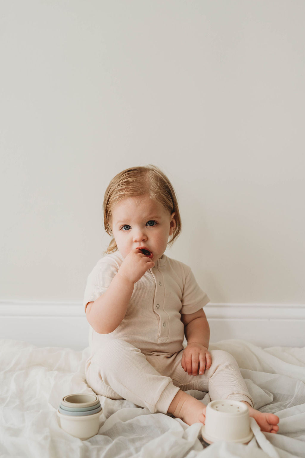 Organic Cotton Ribbed Knit Romper in "Oat" Chubby Lamb   