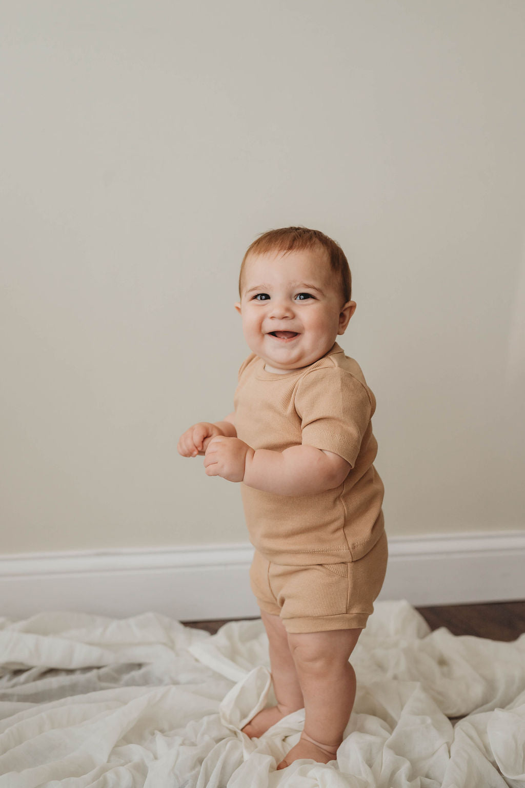 Organic Cotton Ribbed Knit Short Set in "Wheat" Chubby Lamb   