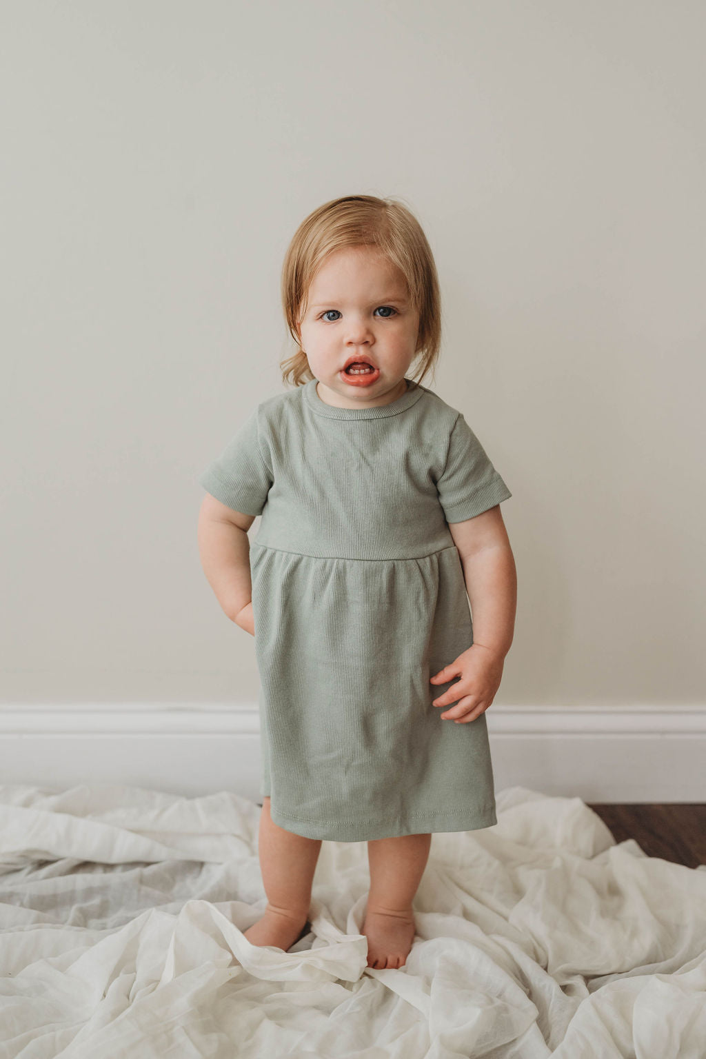 Organic Cotton Ribbed Knit Dress in "Pistachio" Chubby Lamb   