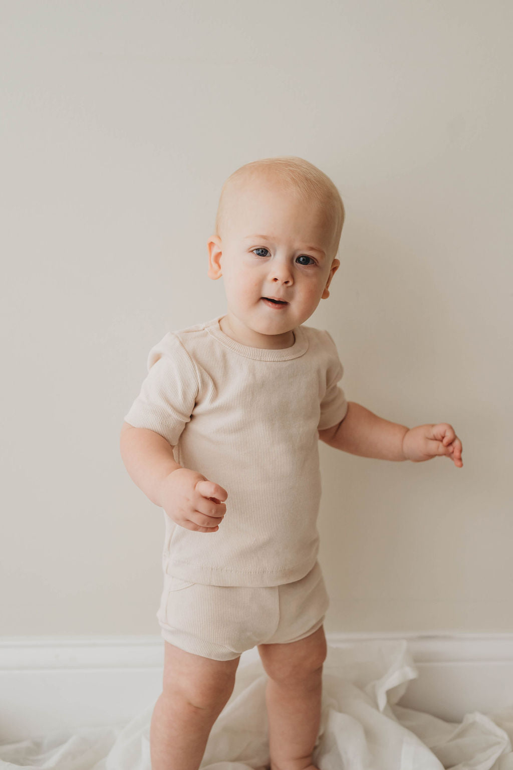 Organic Cotton Ribbed Knit Short Set in "Oat" Chubby Lamb   