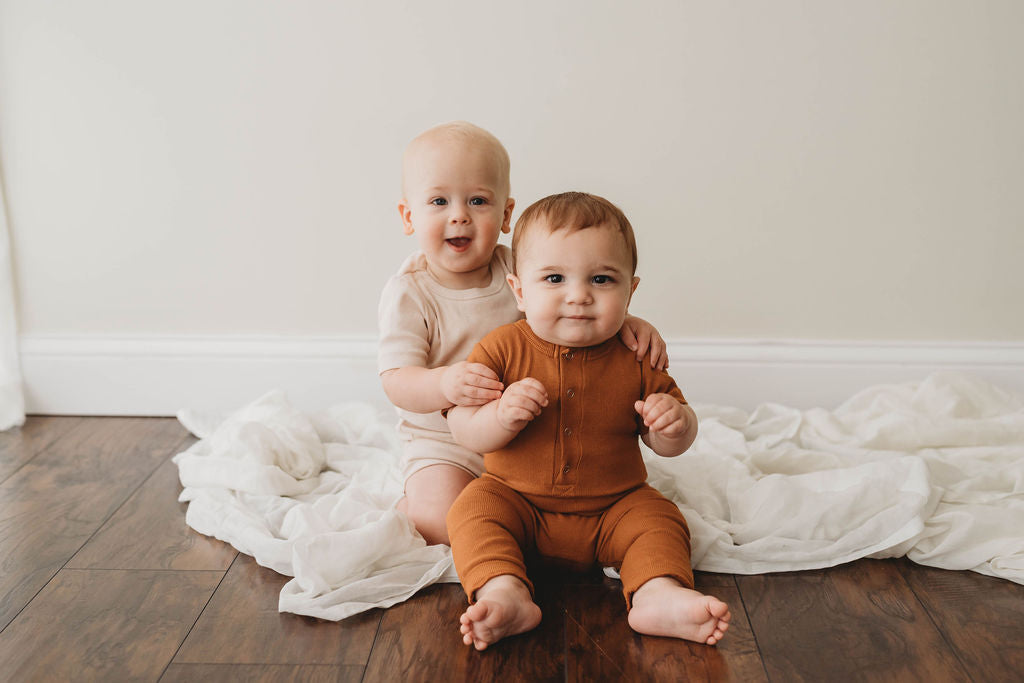 Organic Cotton Ribbed Knit Romper in "Cider" Chubby Lamb   