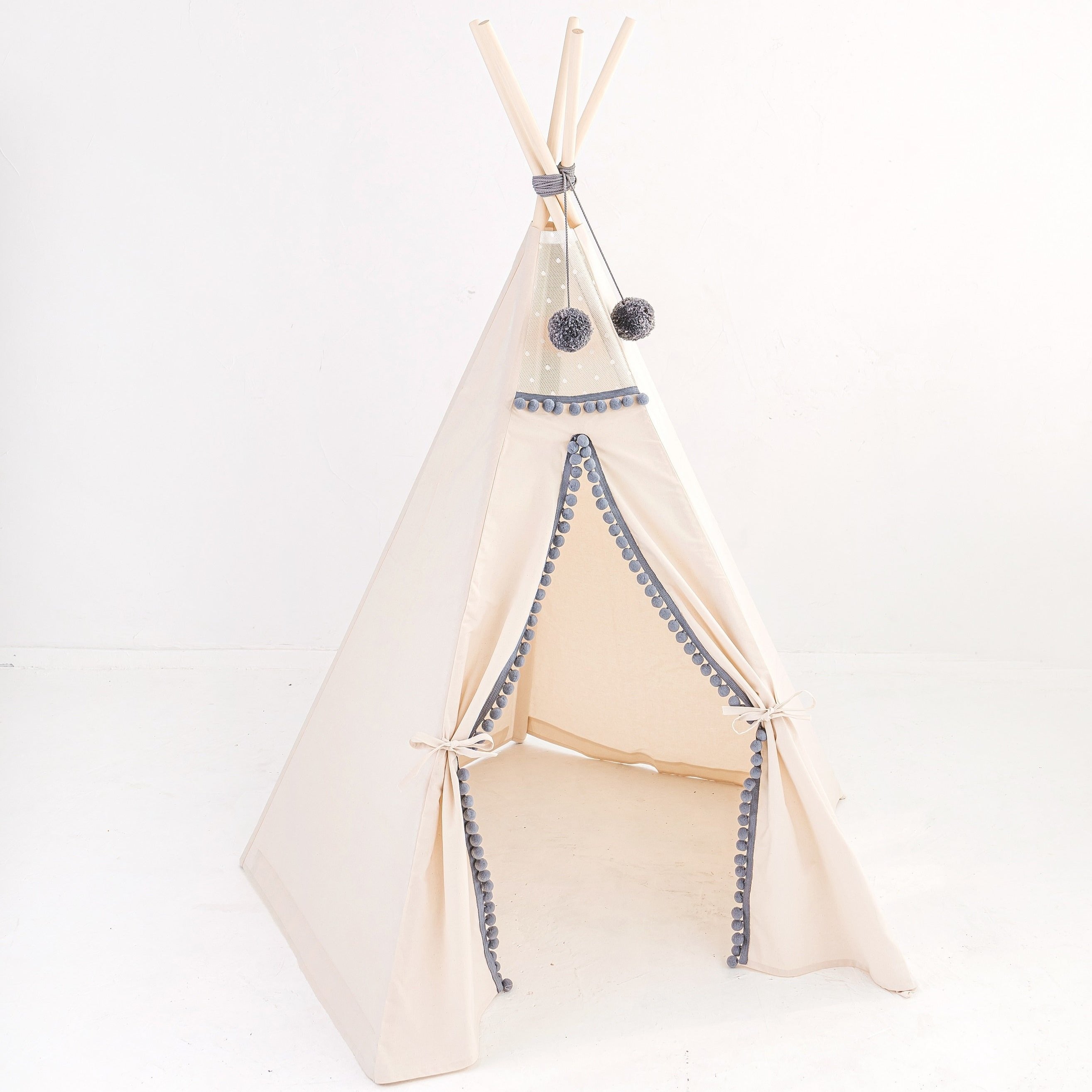 MINICAMP Kids Teepee in Off-White With Grey PomPoms minicamp   