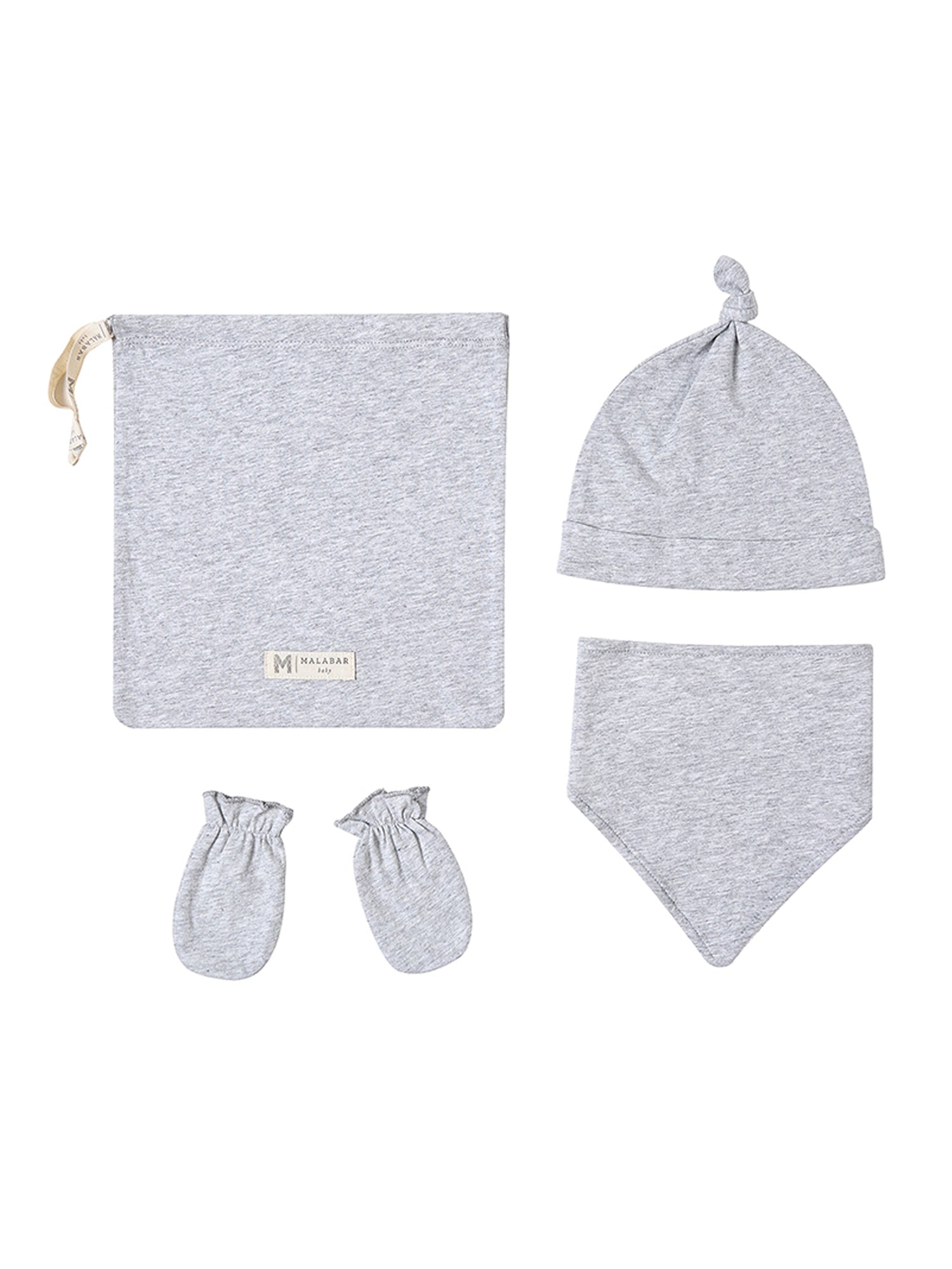 Organic Cotton Bandana Bib, Mitten, Hat Set - Grey Erawan Malabar Baby   