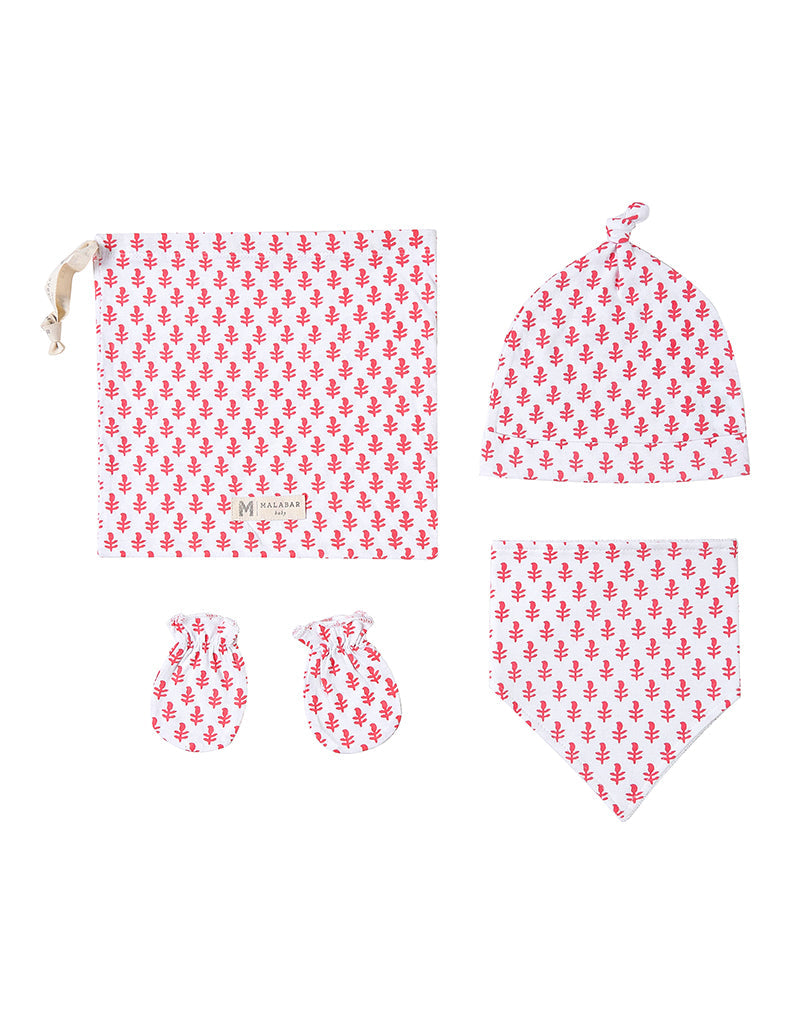 Organic Cotton Bandana Bib, Mitten, Hat Set - Pink City Malabar Baby   