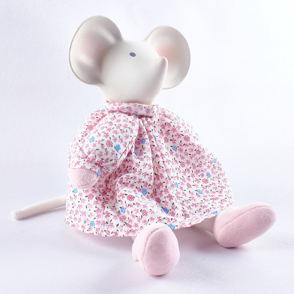 Meiya the Mouse Organic Natural Rubber Head Toy in Pink Dress Tikiri Toys   