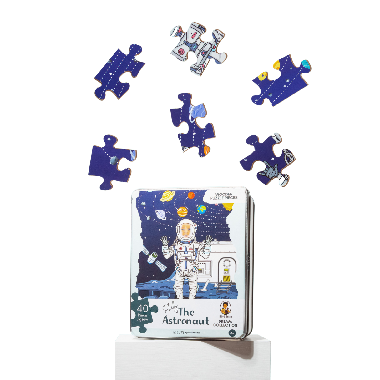 Space-Themed Philly Astronaut Wooden Jigsaw Puzzle in a Tin Box (Hand Cut) Philly & Friends   