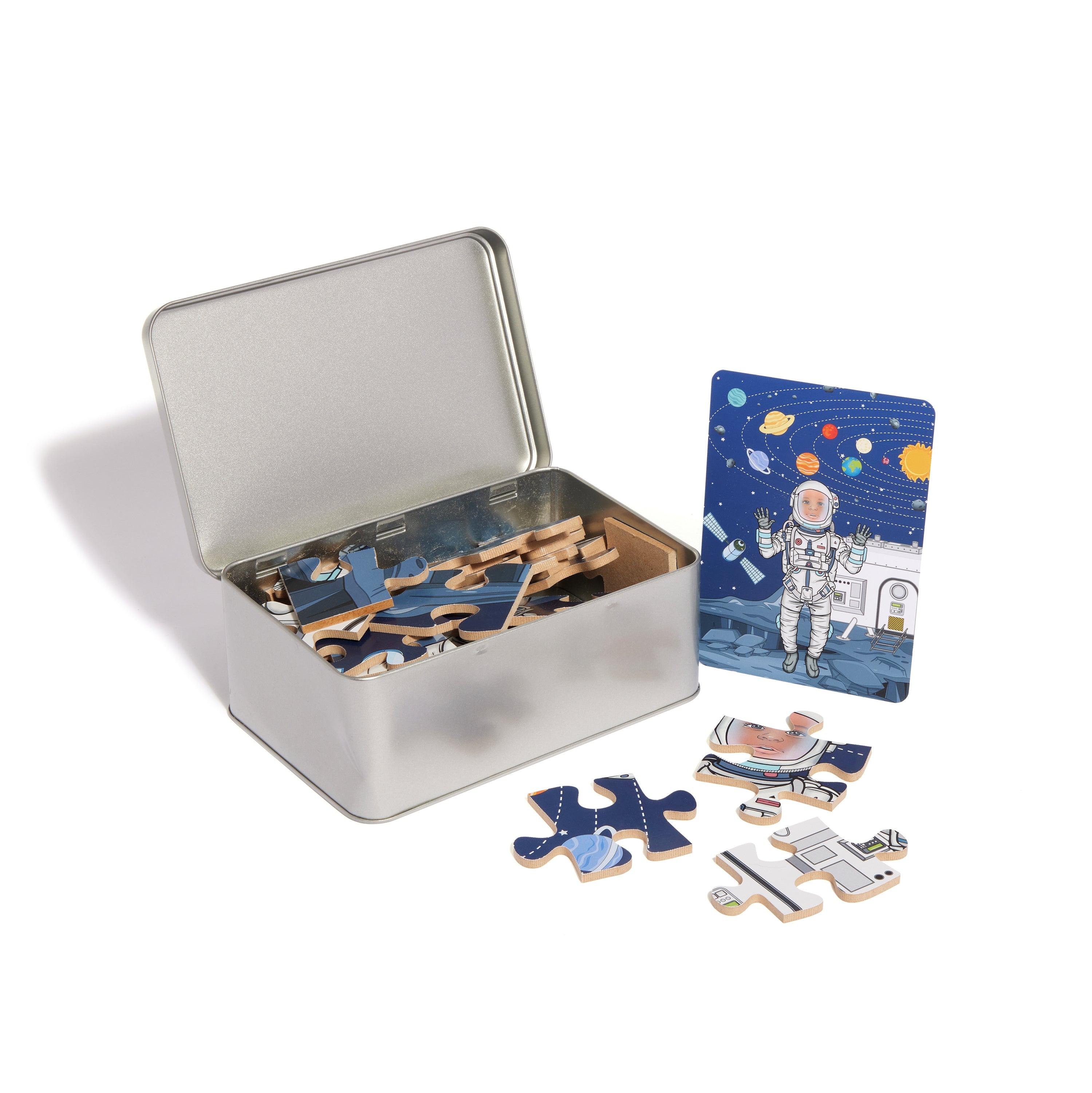 Space-Themed Philly Astronaut Wooden Jigsaw Puzzle in a Tin Box (Hand Cut) Philly & Friends   