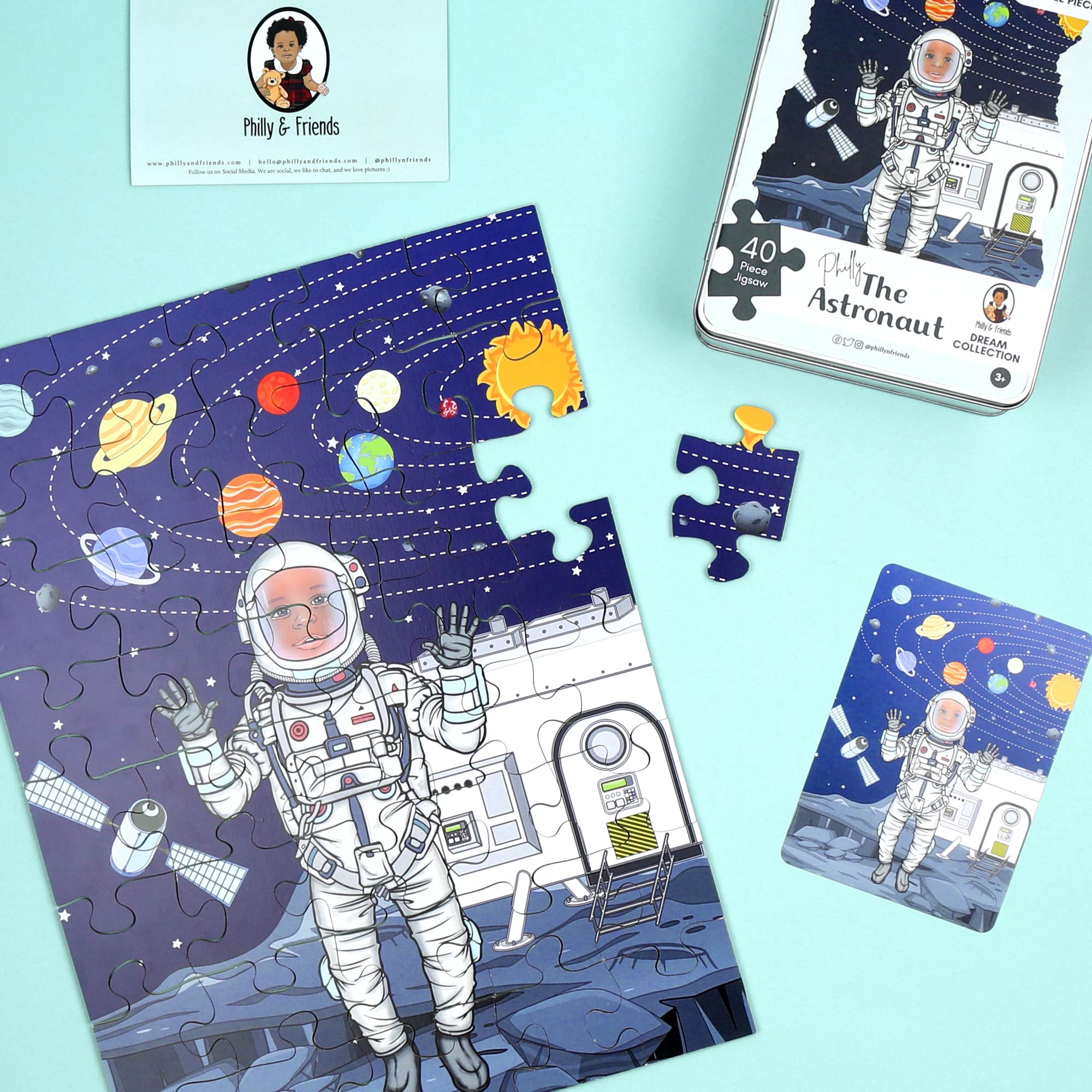 Space-Themed Philly Astronaut Wooden Jigsaw Puzzle in a Tin Box (Hand Cut) Philly & Friends   