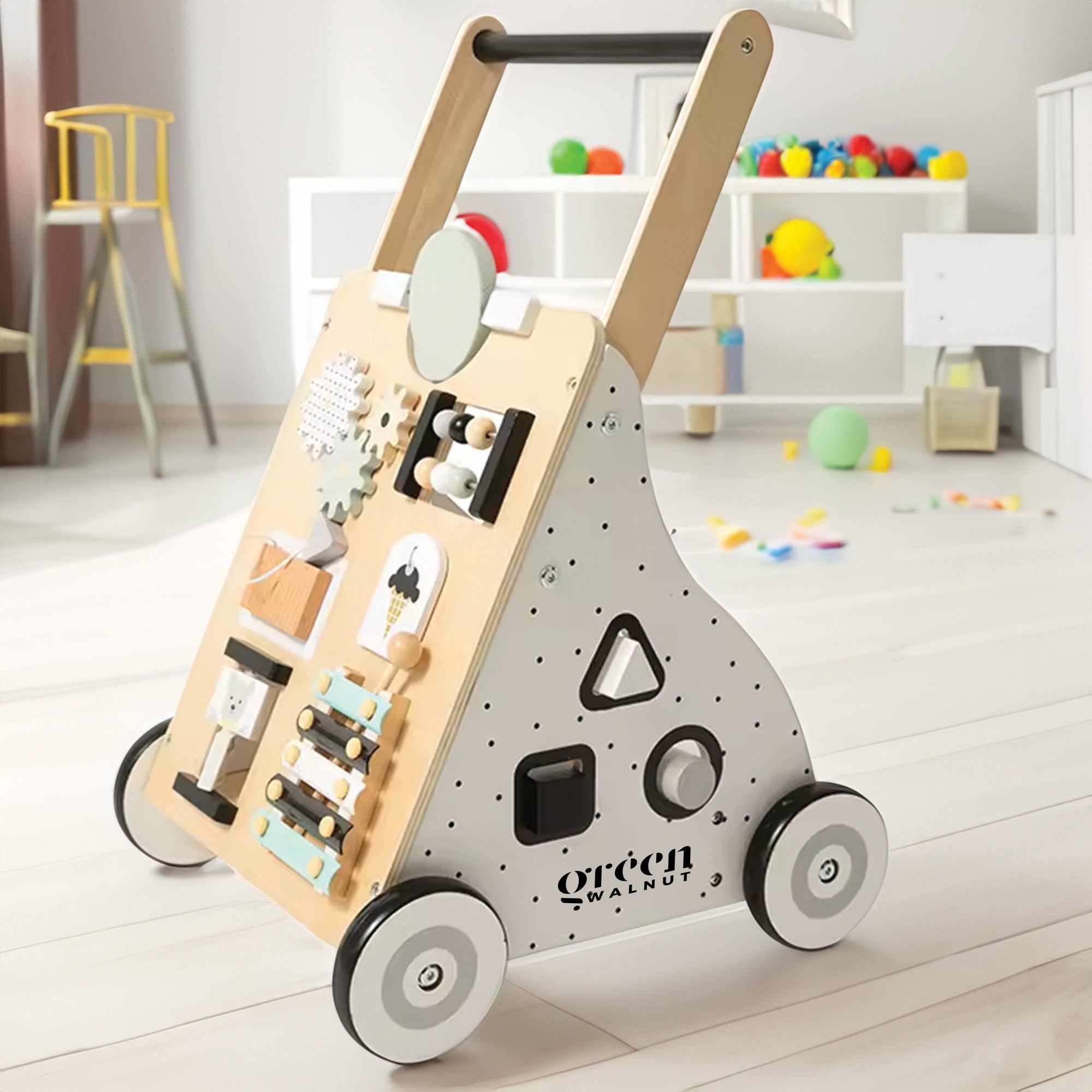 Wooden Activity Walker | Wooden Baby Walker | Toddler Walker Green Walnut   