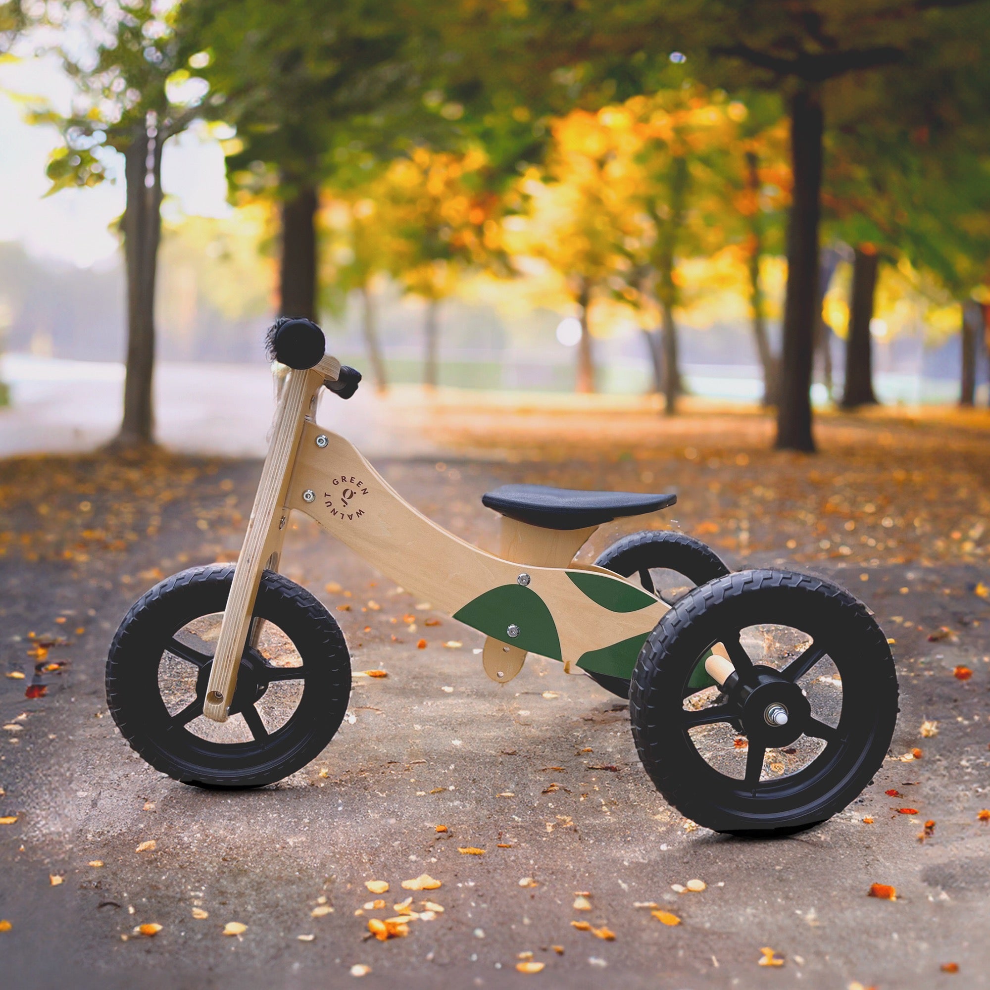 Convertible Wooden Balance Bike - Trike (2 in 1) Green Walnut   