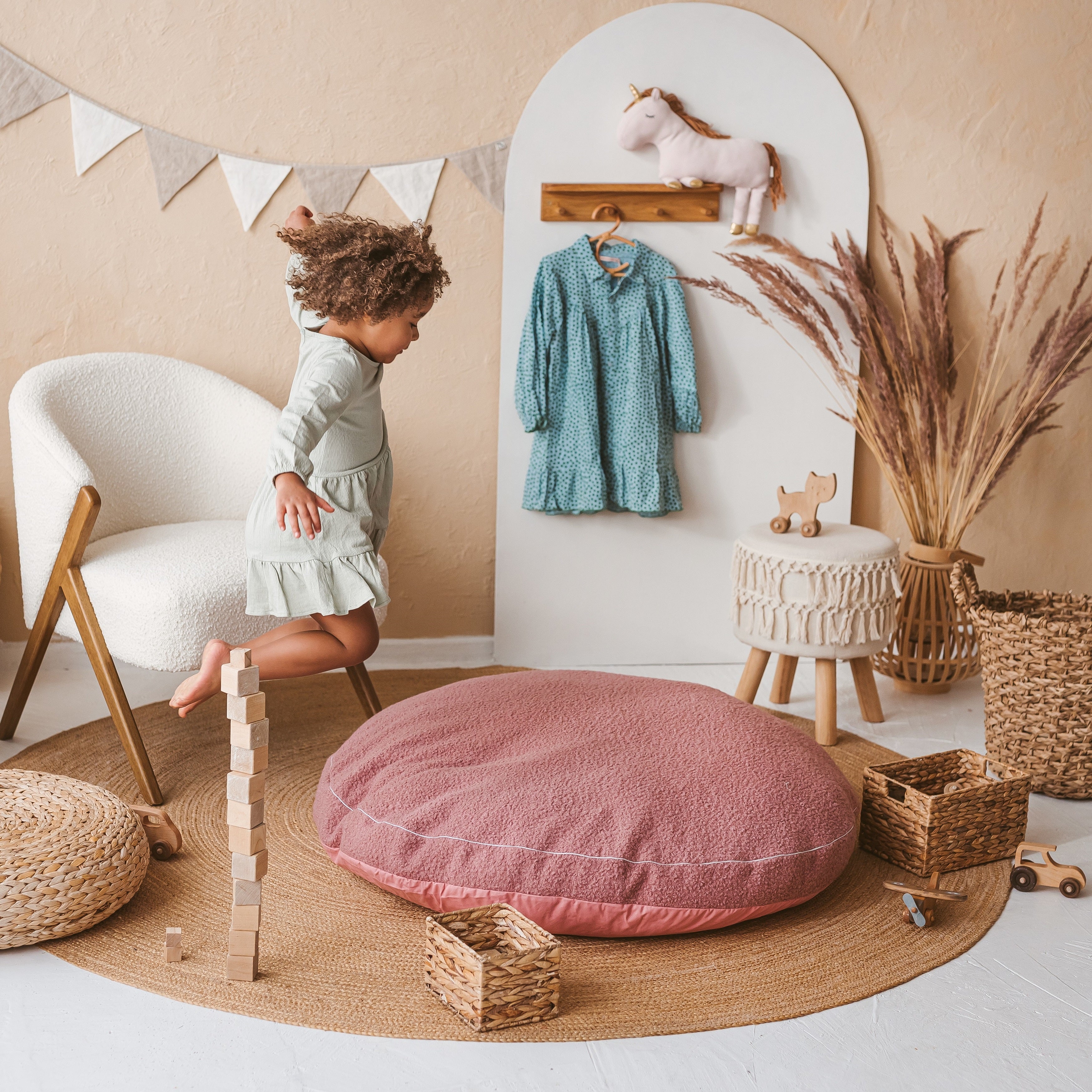 MINICAMP Boucle Fabric Kids Floor Cushion in Rose minicamp   