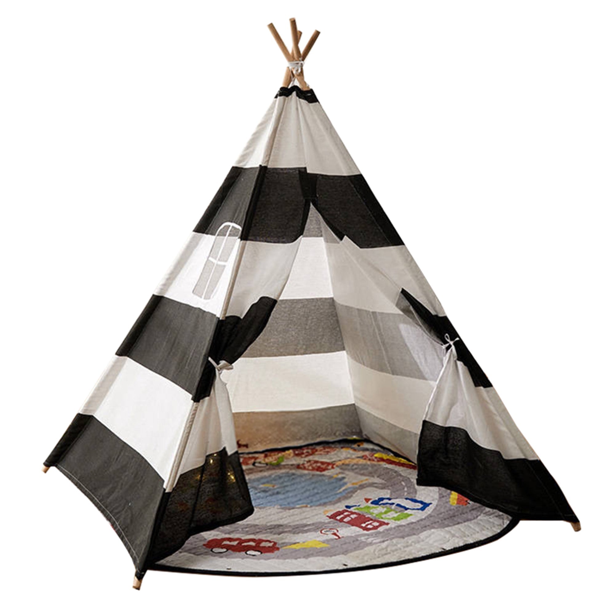 Large Foldable Kids Canvas Teepee Play Tent With Lights ( Black & White ) Green Walnut   