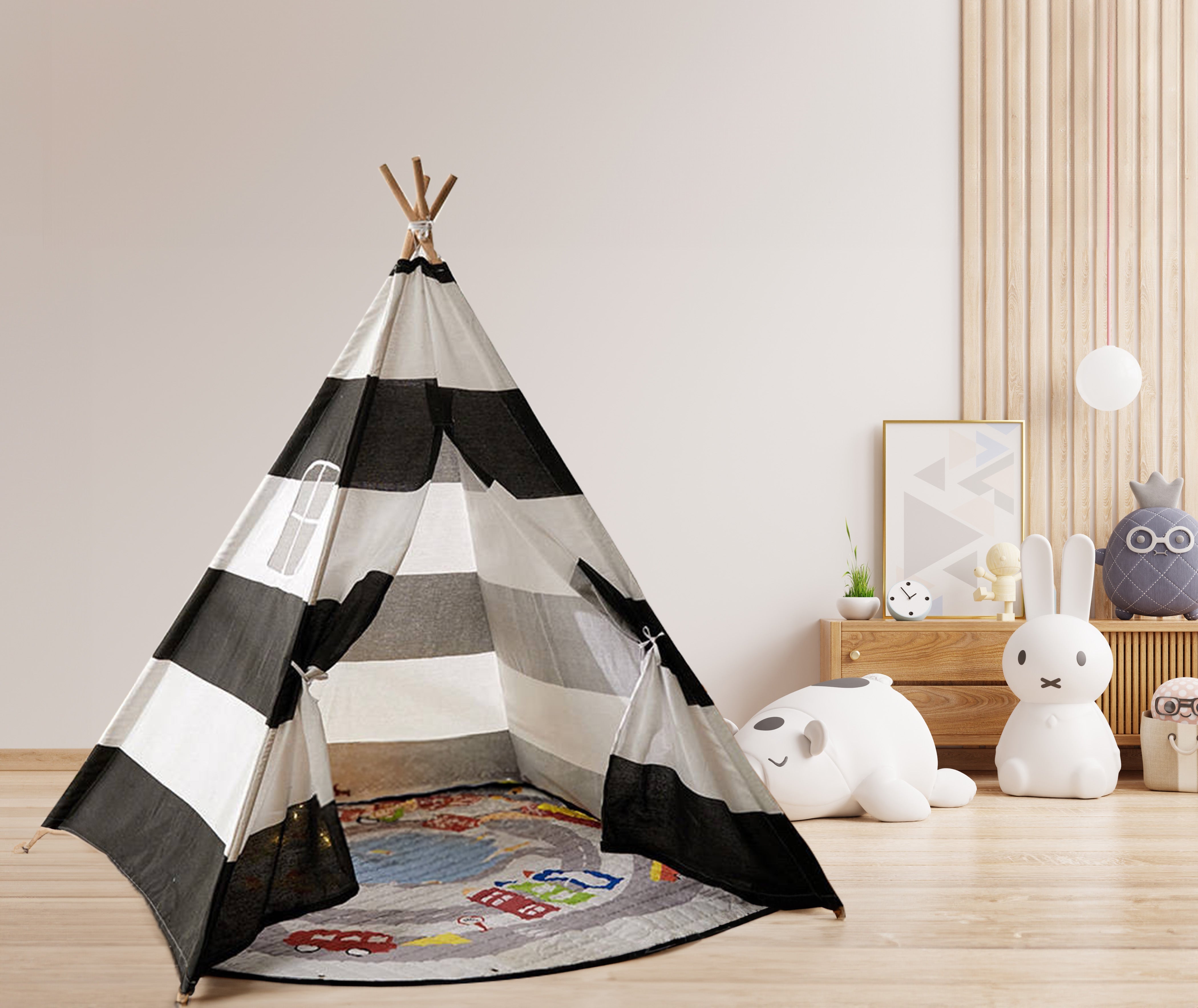 Large Foldable Kids Canvas Teepee Play Tent With Lights ( Black & White ) Green Walnut   