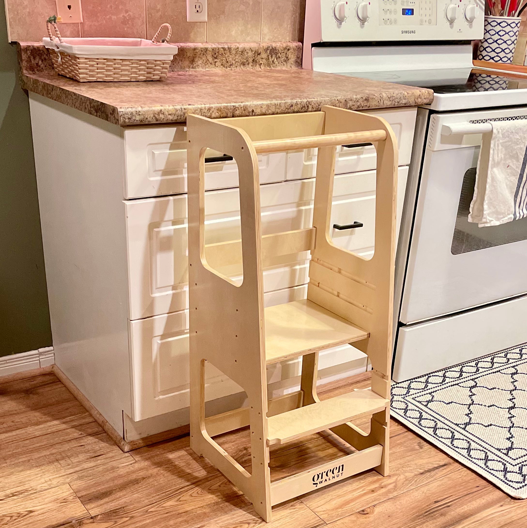 Kids & Toddler Learning Tower | Kitchen Step Stool ( Natural ) Green Walnut   