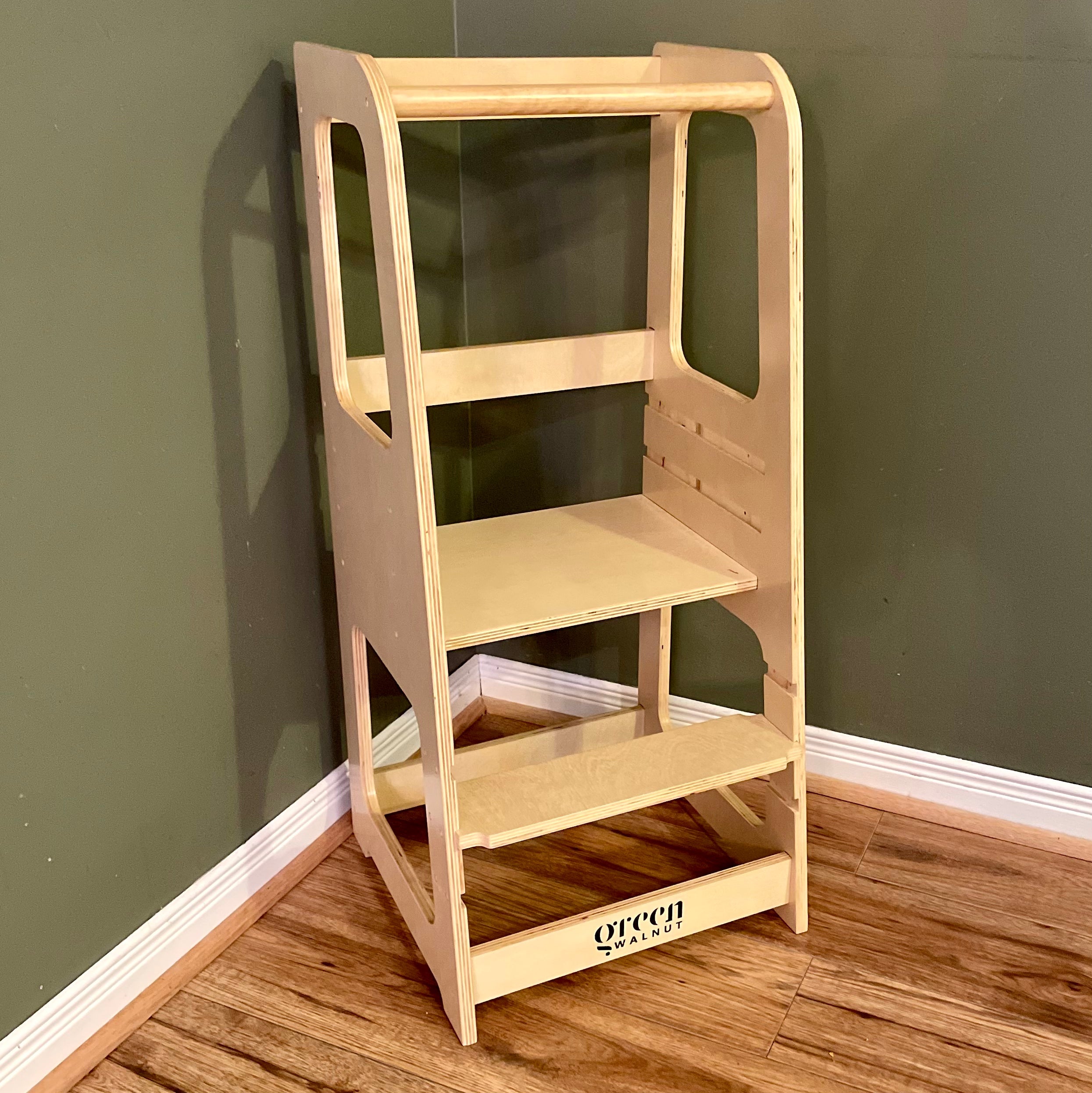 Kids & Toddler Learning Tower | Kitchen Step Stool ( Natural ) Green Walnut   