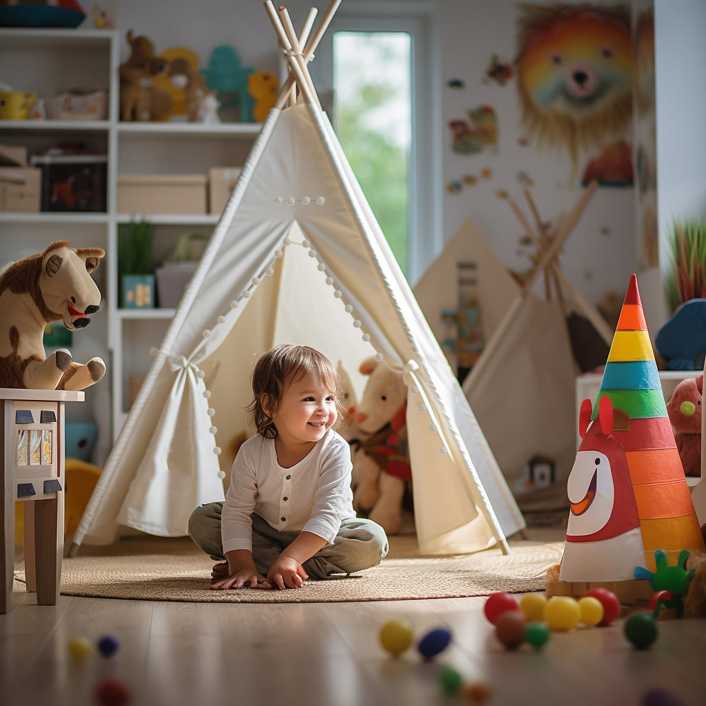 Large Foldable Kids Canvas Teepee Play Tent With Lights  ( White ) Green Walnut   