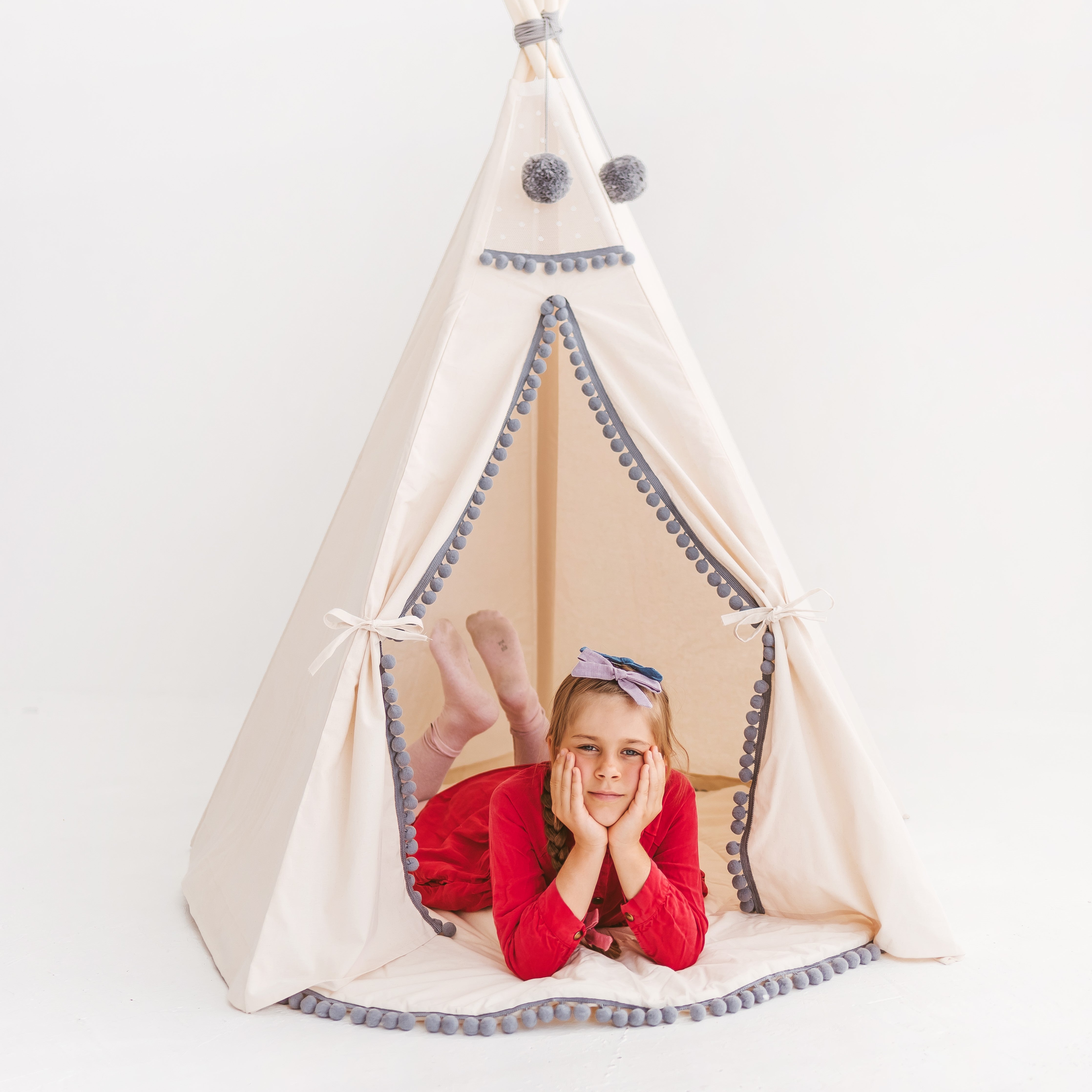 MINICAMP Kids Teepee in Off-White With Grey PomPoms minicamp   