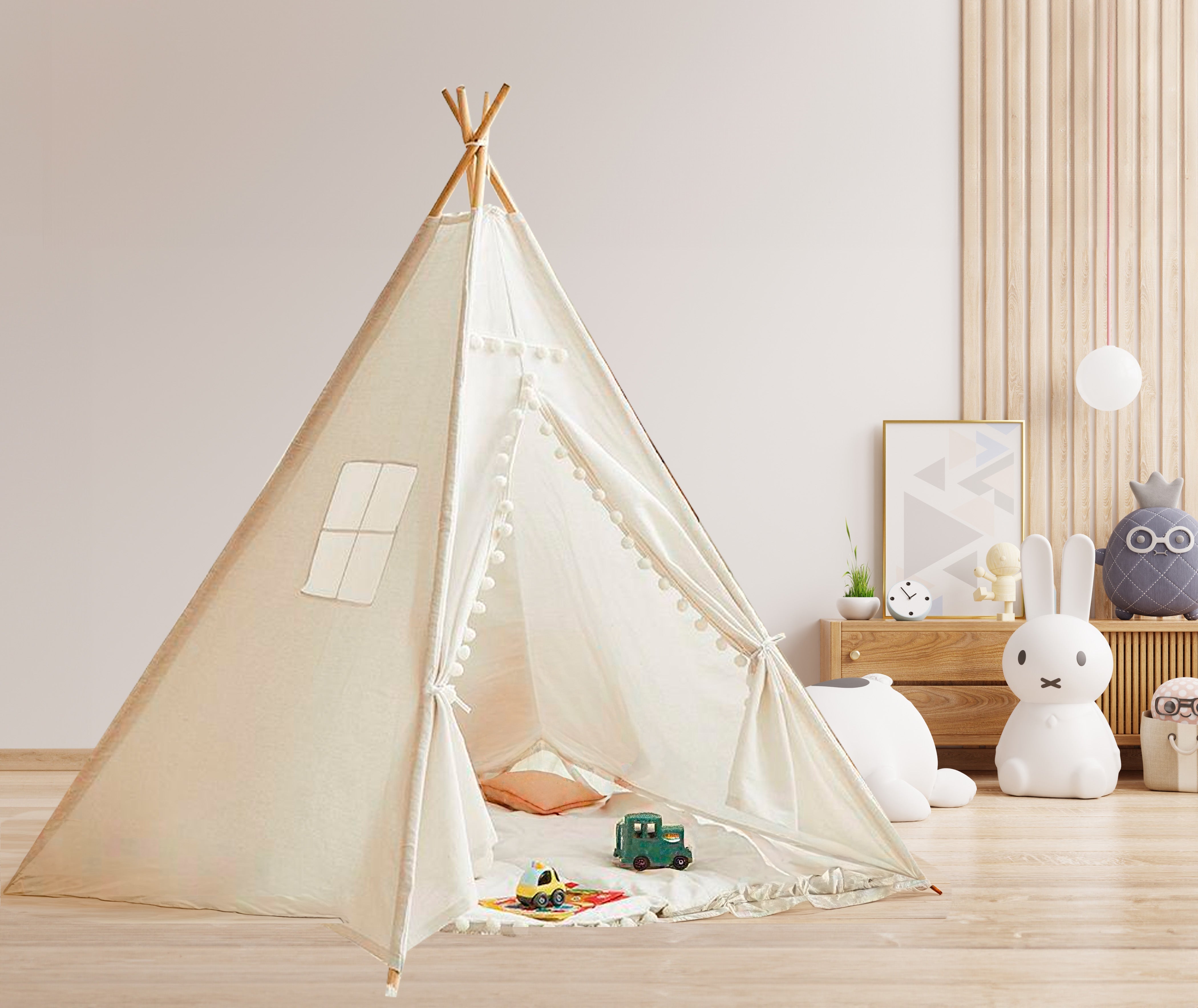 Large Foldable Kids Canvas Teepee Play Tent With Lights  ( White ) Green Walnut   